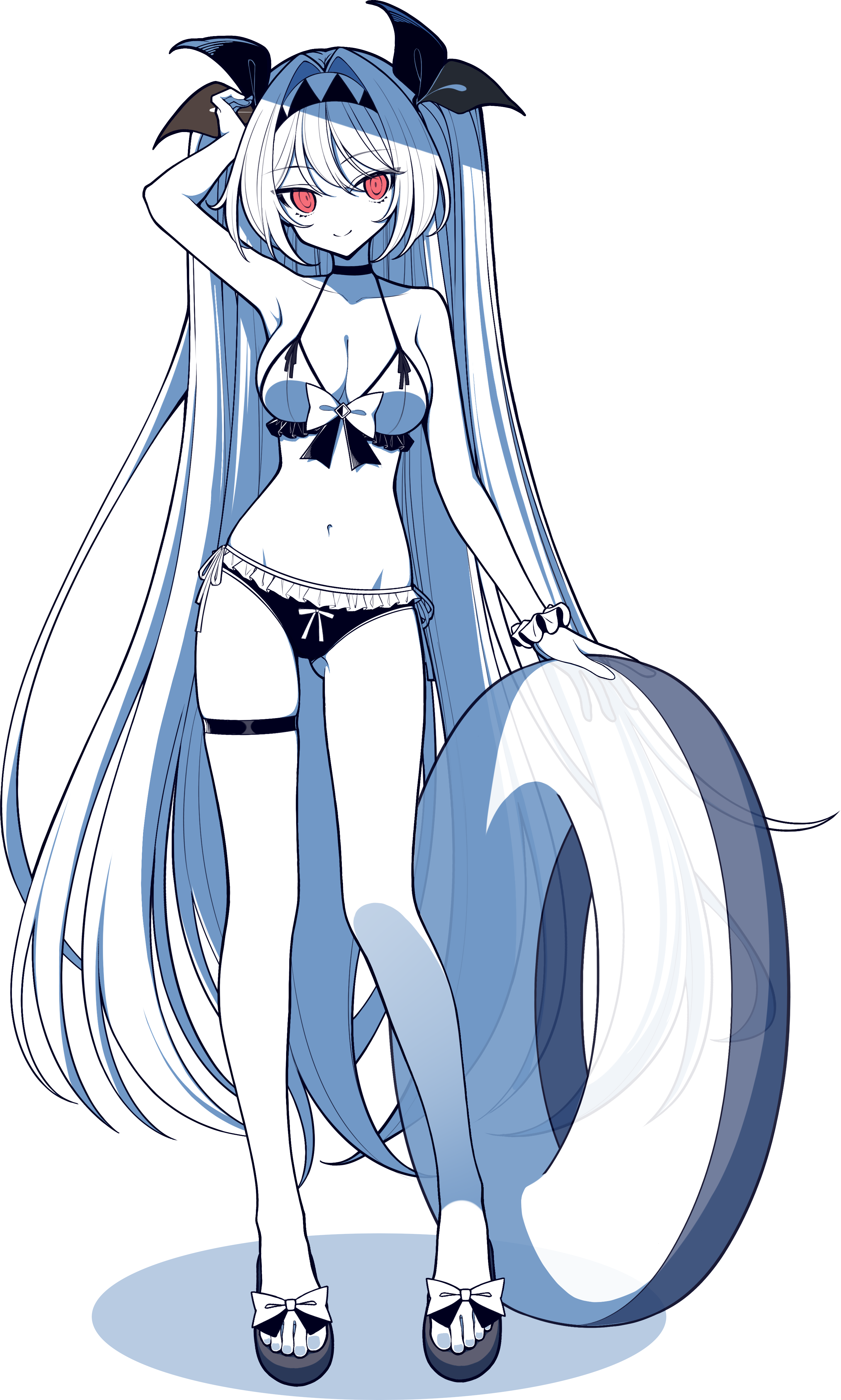 lilith (the noexistencen of you and me), the noexistencen of you and me, absurdres, highres, 1girl, absurdly long hair, bare shoulders, bikini, breasts, cleavage, collarbone, colored skin, full body, groin, hair ribbon, holding, holding swim ring, innertube, long hair, navel, red eyes, ribbon, sandals, scrunchie, skindentation, smile, solo, swim ring, swimsuit, thigh strap, toes, user ayje7258, very long hair, white hair, white skin, wrist scrunchie