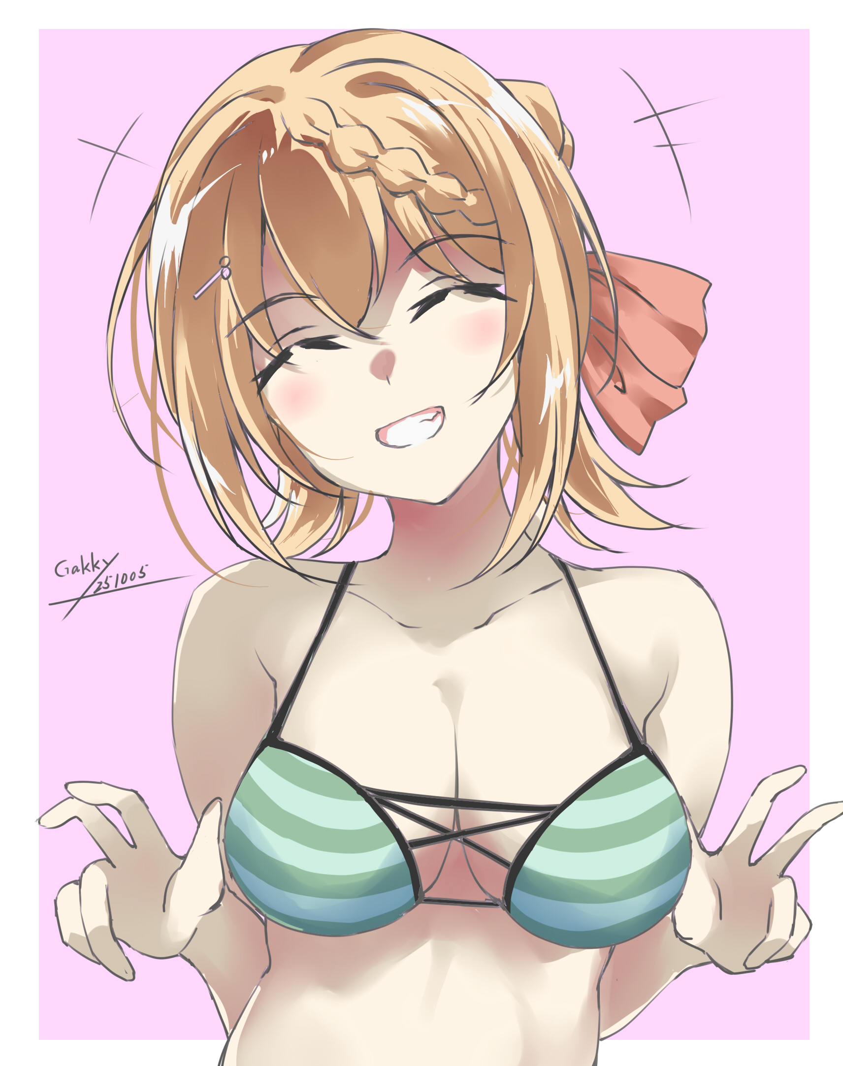 gakky, perth (kancolle), perth (swimsuit) (kancolle), kantai collection, commentary request, highres, 1girl, artist name, bikini, blonde hair, border, braid, braided bangs, braided bun, breasts, cleavage, closed eyes, cross-laced bikini, cross-laced clothes, dated, green bikini, grin, hair bun, hair ribbon, large breasts, pink background, ribbon, smile, solo, striped bikini, striped clothes, swimsuit, two-tone background, upper body, white border
