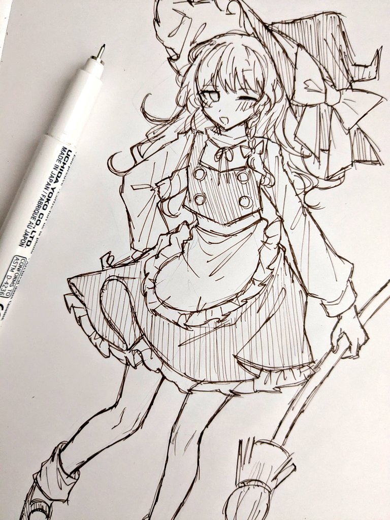 amatukimahoro, kirisame marisa, touhou, commentary, nib pen (medium), pen (medium), traditional media, 1girl, apron, art tools in frame, bow, braid, braided sidelock, broom, buttons, double-breasted, frilled apron, frilled skirt, frills, hat, hat bow, holding, holding broom, mary janes, one eye closed, open mouth, shoes, sketch, skirt, socks, solo, witch hat