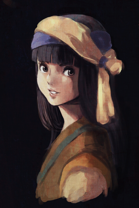 bajjin, johannes vermeer, fanneria amu, girl with a pearl earring, juusenki l-gaim, 1980s (style), 1girl, brown eyes, brown hair, female focus, fine art parody, lips, oldschool, parody, retro artstyle, solo, teeth