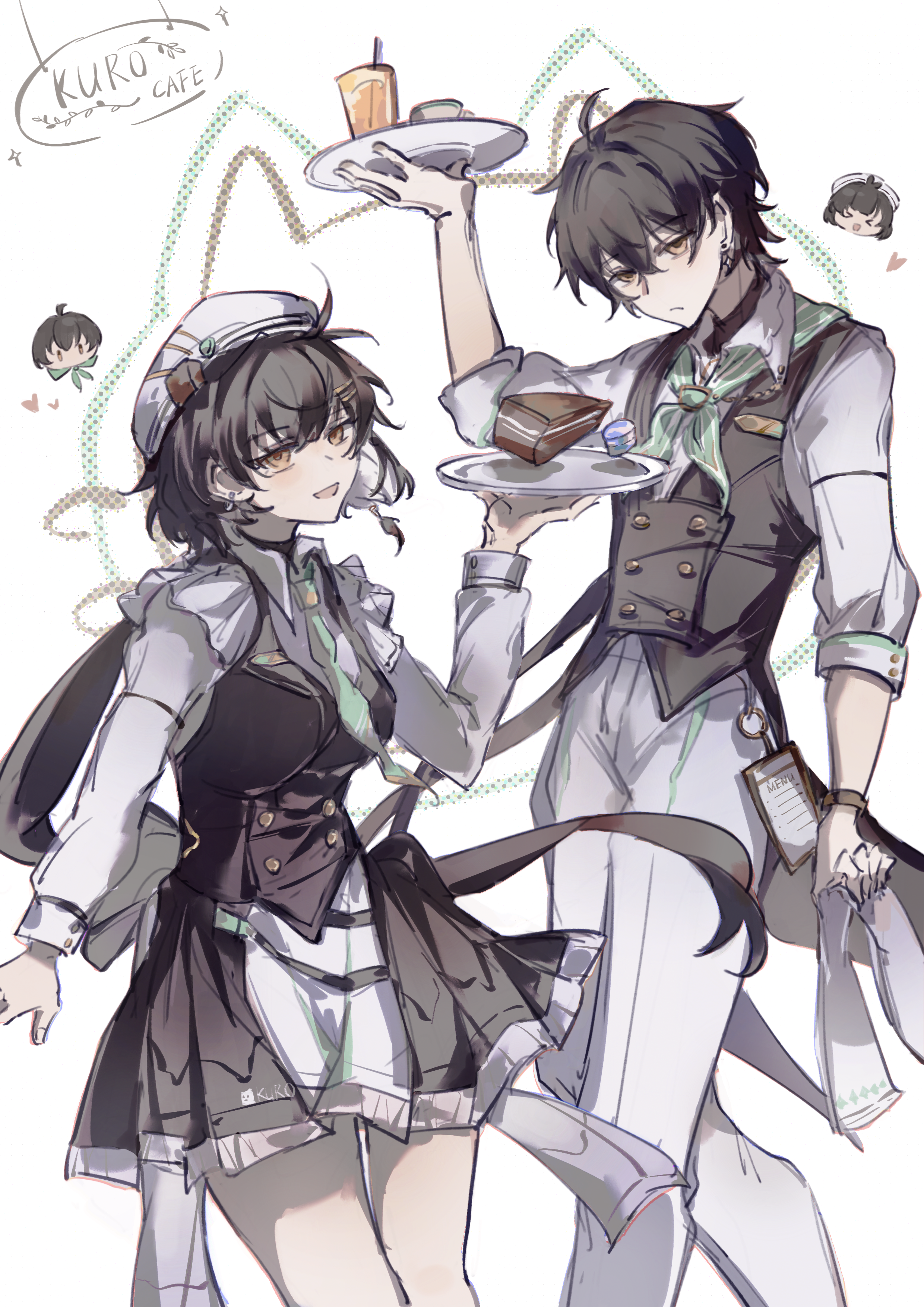 female rover (wuthering waves), male rover (wuthering waves), rover (wuthering waves), wuthering waves, absurdres, chinese commentary, commentary request, highres, 1boy, 1girl, black dress, black hair, black vest, breasts, buttons, cake, cake slice, double-breasted, dress, dual persona, food, green necktie, hair between eyes, hat, holding, holding tray, long hair, long sleeves, looking at viewer, medium breasts, mijiu163, necktie, official alternate costume, orange eyes, pants, shirt, smile, tray, vest, white hat, white pants, white shirt