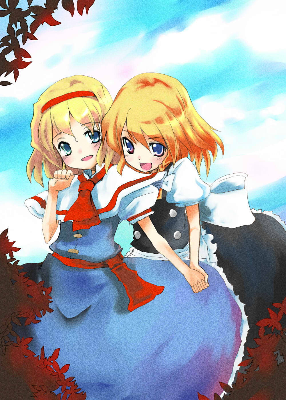 takara akihito, alice margatroid, kirisame marisa, touhou, highres, 2girls, blonde hair, blue dress, blue eyes, blush, dress, female focus, from behind, hairband, happy, holding hands, interlocked fingers, multiple girls, open mouth, plant, short hair, smile, yuri