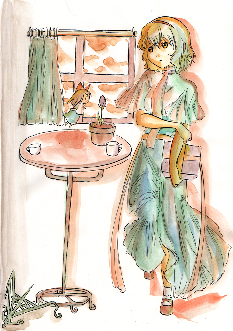 suzaku mikado, alice margatroid, shanghai doll, touhou, bad id, bad pixiv id, painting (medium), traditional media, watercolor (medium), 1girl, blonde hair, cup, doll, female focus, flower, gift, short hair, solo, yellow eyes