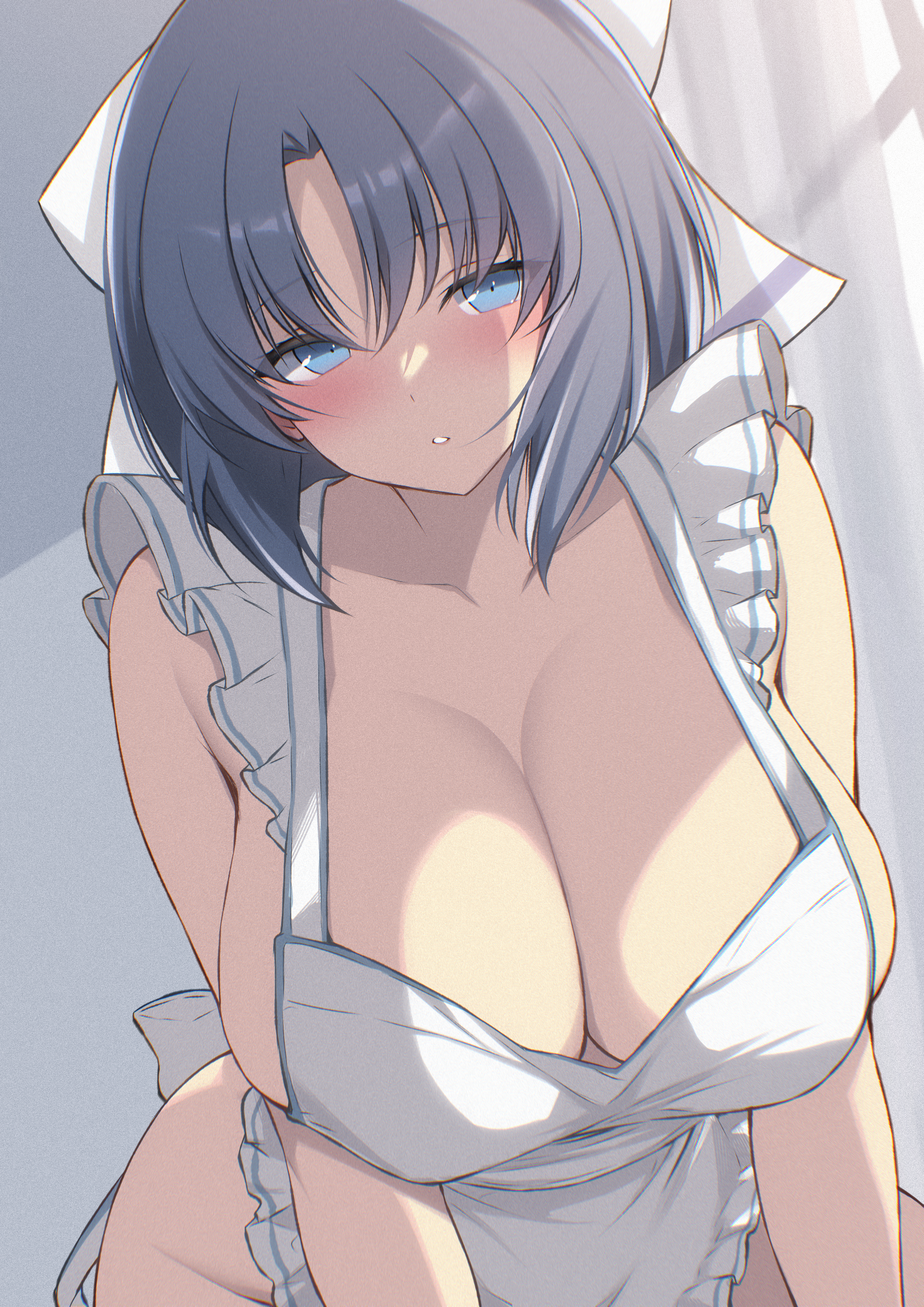 chimunge, yumi (senran kagura), senran kagura, senran kagura burst, senran kagura burst re:newal, senran kagura estival versus, senran kagura shinovi versus, absurdres, commentary request, highres, huge filesize, 1girl, apron, bare shoulders, blue eyes, blush, bow, breasts, cleavage, collarbone, curtains, hair bow, indoors, large breasts, leaning forward, looking at viewer, medium hair, naked apron, parted lips, sideboob, sidelocks, solo, white apron, white bow, window