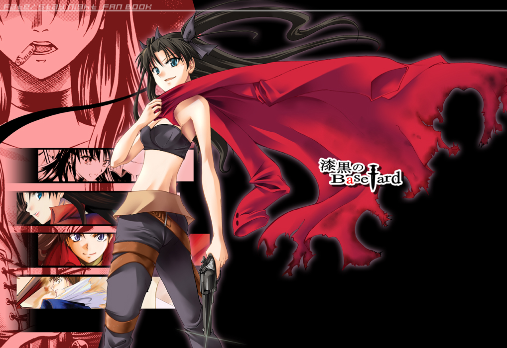 kuno touya, tohsaka rin, fate/stay night, fate (series), 00s, 1girl, back, bandeau, bare shoulders, belt, blue eyes, brown hair, cape, gun, handgun, long hair, looking back, midriff, pistol, revolver, smile, strapless, tube top, twintails, two side up, weapon