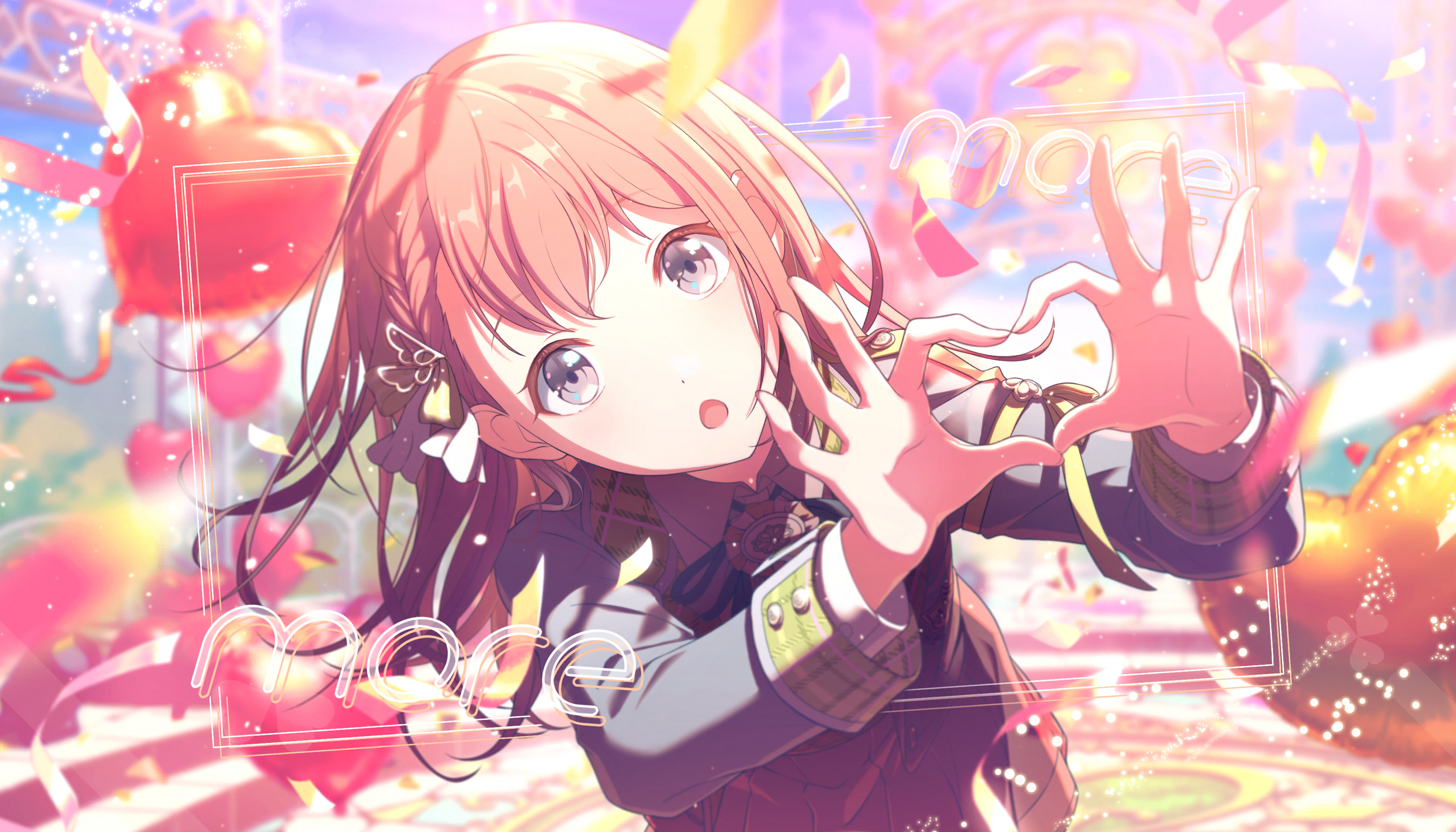 colorful palette, hanasato minori, project sekai, game cg, highres, official art, third-party source, 1girl, balloon, blurry, blurry background, braid, brown hair, collared shirt, confetti, depth of field, english text, four-finger heart hands, grey eyes, grey jacket, hair ornament, heart, heart balloon, heart hands, itsuka hanasaku stage e (project sekai), jacket, looking at viewer, official alternate costume, shirt, solo, streamers, wing hair ornament