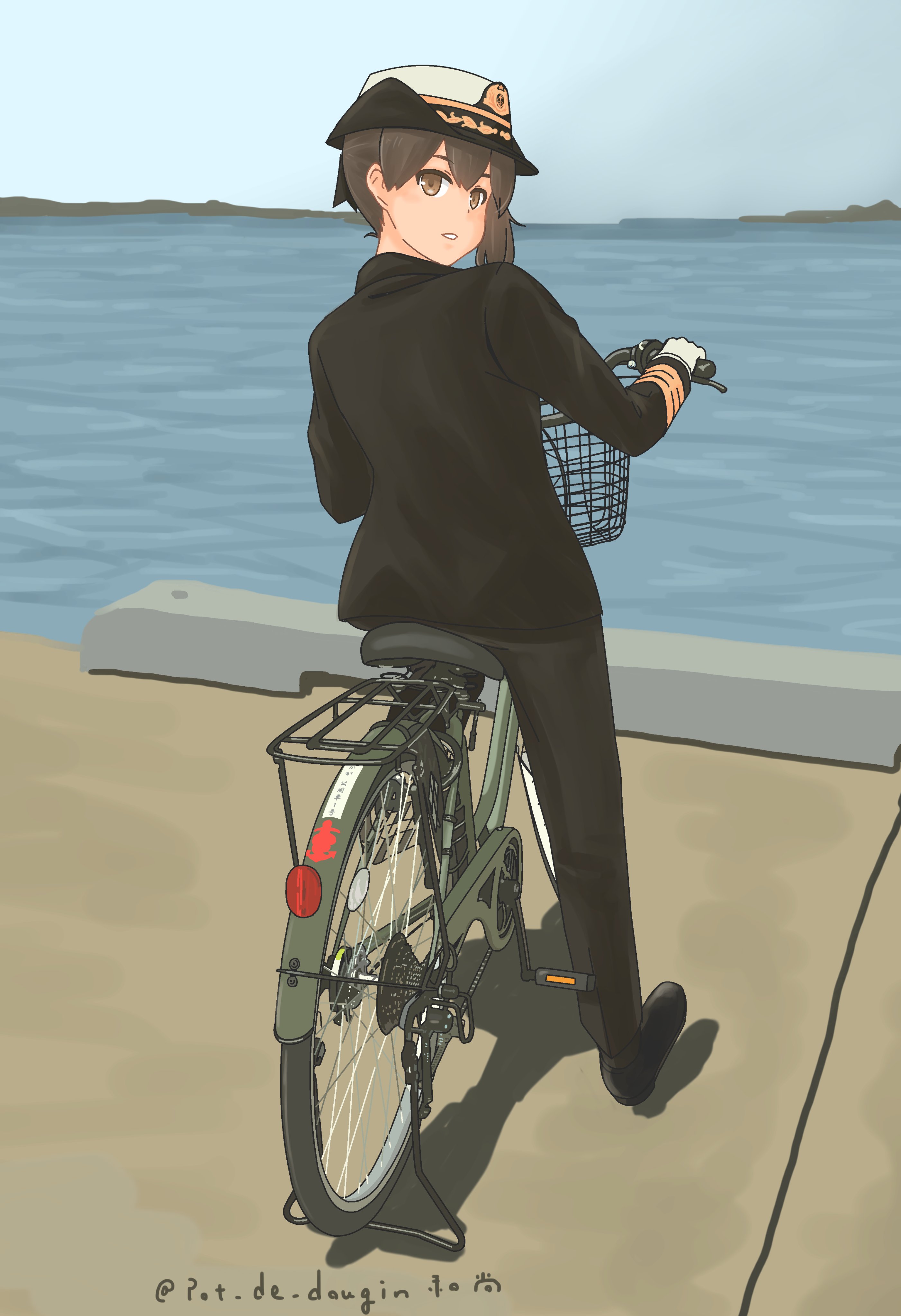 pot-de, kaga (kancolle), kantai collection, absurdres, commentary request, highres, 1girl, alternate costume, bicycle, black jacket, black pants, blue sky, brown eyes, brown hair, day, female service cap, from behind, full body, hat, jacket, looking at viewer, looking back, military uniform, outdoors, pants, riding, riding bicycle, side ponytail, sky, solo, white hat
