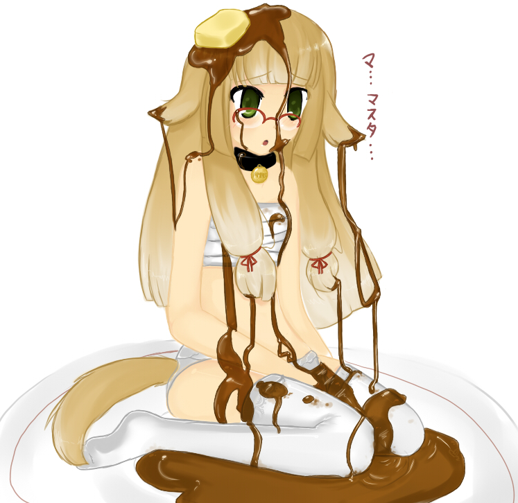original, animal ears, brown hair, butter, collar, dog ears, food, fundoshi, glasses, green eyes, long hair, pancake, sarashi, syrup, tail, thighhighs, wakamezake