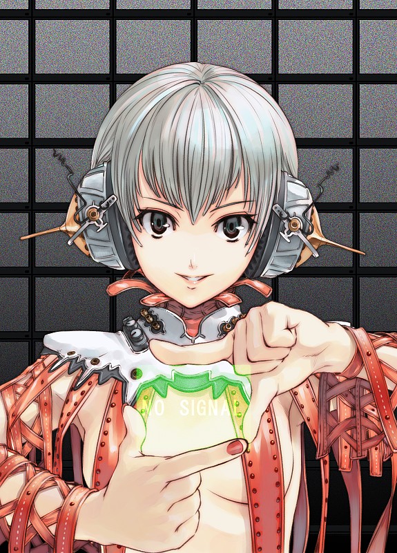 shimotsuki eight, original, silver hair, bad id, bad pixiv id, 1girl, breasts, female focus, finger frame, grey eyes, headphones, looking at viewer, medium breasts, nail polish, red nails, short hair, smile, solo, strap, topless female, topless frame, upper body