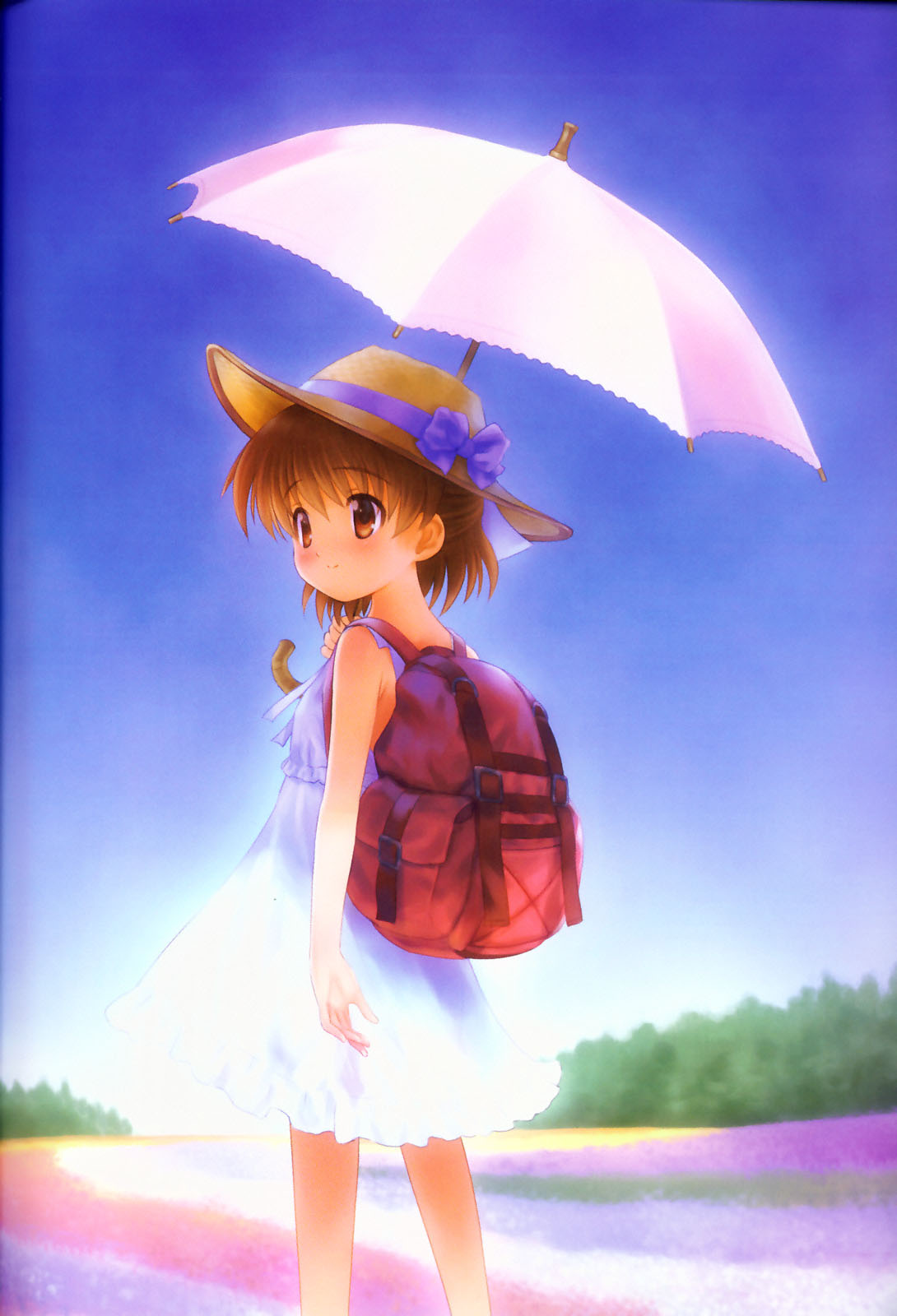 goto p, okazaki ushio, clannad, highres, 00s, 1girl, backpack, bag, brown eyes, brown hair, child, day, dress, female focus, field, flower, flower field, hat, randoseru, solo, sundress, umbrella
