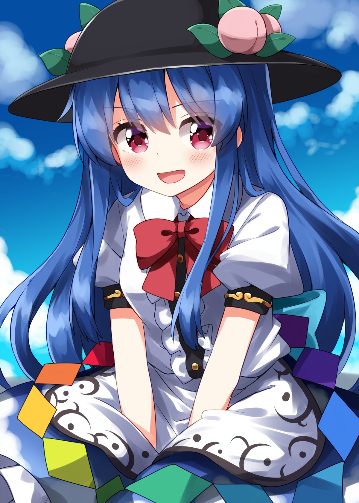 ruu (tksymkw), hinanawi tenshi, touhou, commentary request, highres, 1girl, :d, apron, black hat, blue hair, blue skirt, blue sky, blush, bow, bowtie, center frills, cloud, collared shirt, cowboy shot, day, frilled skirt, frills, hat, long hair, looking at viewer, open mouth, outdoors, peach hat ornament, red bow, red bowtie, red eyes, shirt, short sleeves, skirt, sky, smile, solo, waist apron, white apron, white shirt