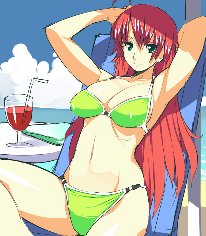ryuuta, ryuuta (msxtr), original, hand on head, 1girl, arm behind head, armpits, arms up, bikini, blue sky, breasts, cloud, cloudy sky, cropped legs, day, drink, female focus, green bikini, green eyes, groin, hair between eyes, long hair, looking at viewer, medium breasts, navel, outdoors, reclining, red hair, sitting, skindentation, sky, solo, swimsuit, table, water