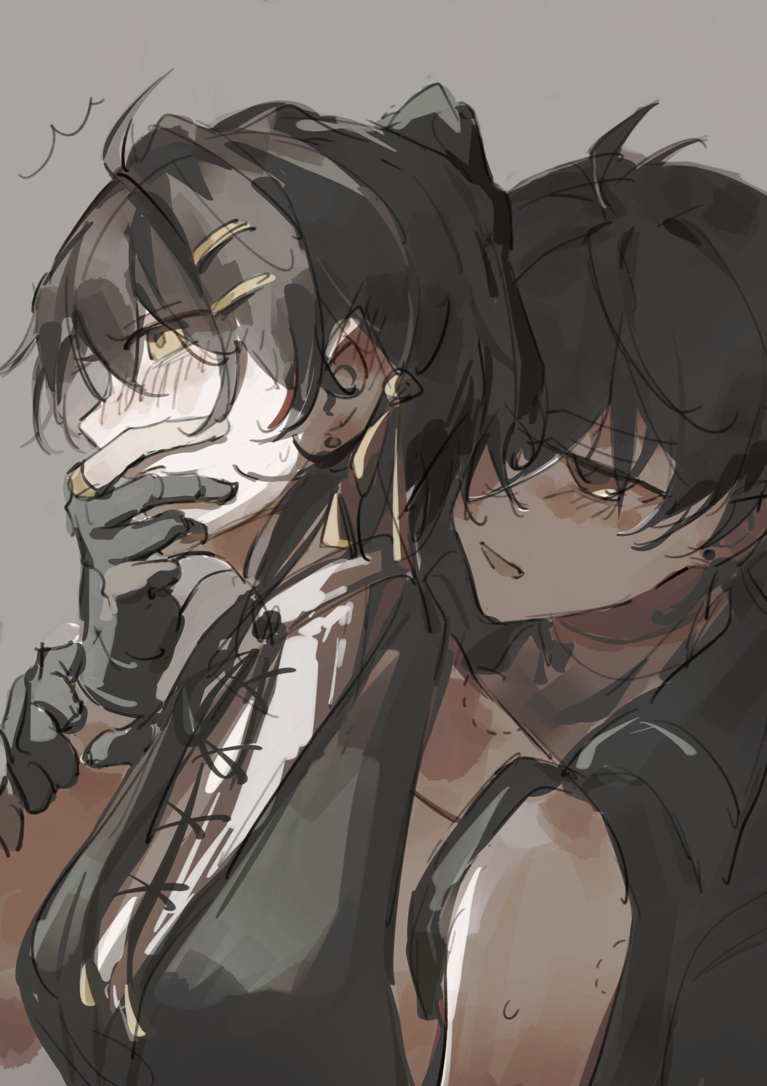 female rover (wuthering waves), male rover (wuthering waves), rover (wuthering waves), wuthering waves, absurdres, chinese commentary, commentary request, highres, 1boy, 1girl, bare shoulders, bite mark, bite mark on neck, bite mark on shoulder, black gloves, black hair, black jacket, blush, breasts, covering another's mouth, ear blush, gloves, hair ornament, hairclip, hetero, jacket, looking at another, medium breasts, mijiu163, parallel hairclips, selfcest, twitching, yellow eyes