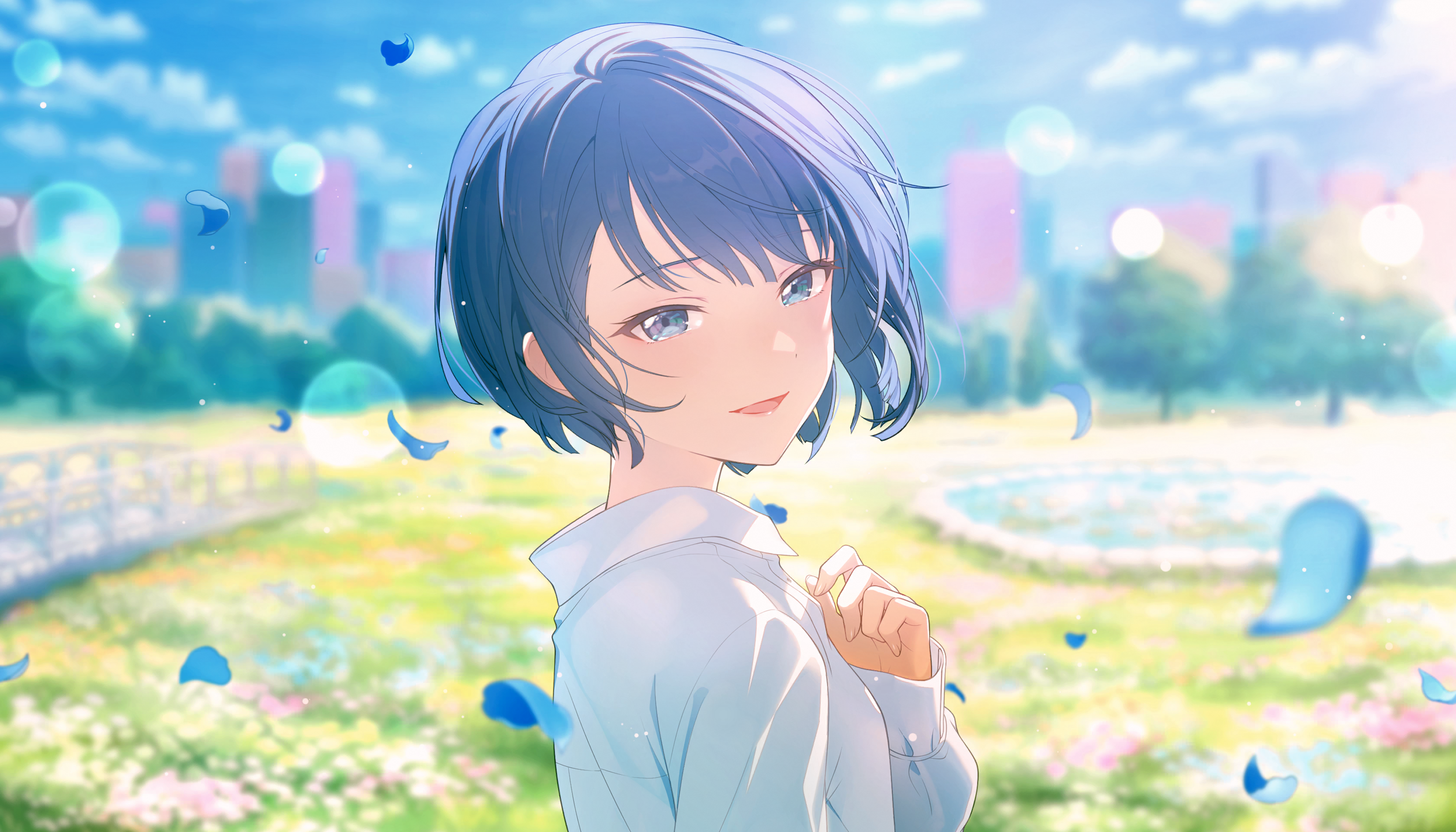 colorful palette, kiritani haruka, project sekai, game cg, highres, official art, third-party source, 1girl, blue eyes, blue hair, blue petals, blue sky, blurry, blurry background, bokeh, cloud, depth of field, grass, itsuka hanasaku stage e (project sekai), lips, looking at viewer, outdoors, shirt, sky, smile, solo, tongue, tree, white shirt