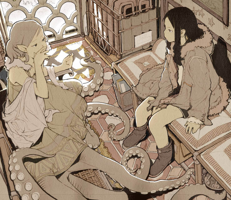 sasi, shou ebi, original, fur, bad id, bad pixiv id, 2girls, black eyes, black hair, boots, brown hair, coat, covered mouth, covering own mouth, day, dress, earrings, from above, half updo, hand over own mouth, hood, hooded coat, indoors, jewelry, long hair, monster girl, multiple girls, octopus, picture frame, pointy ears, scylla, sepia, short hair, sitting, skirt, stud earrings, surreal, tentacles