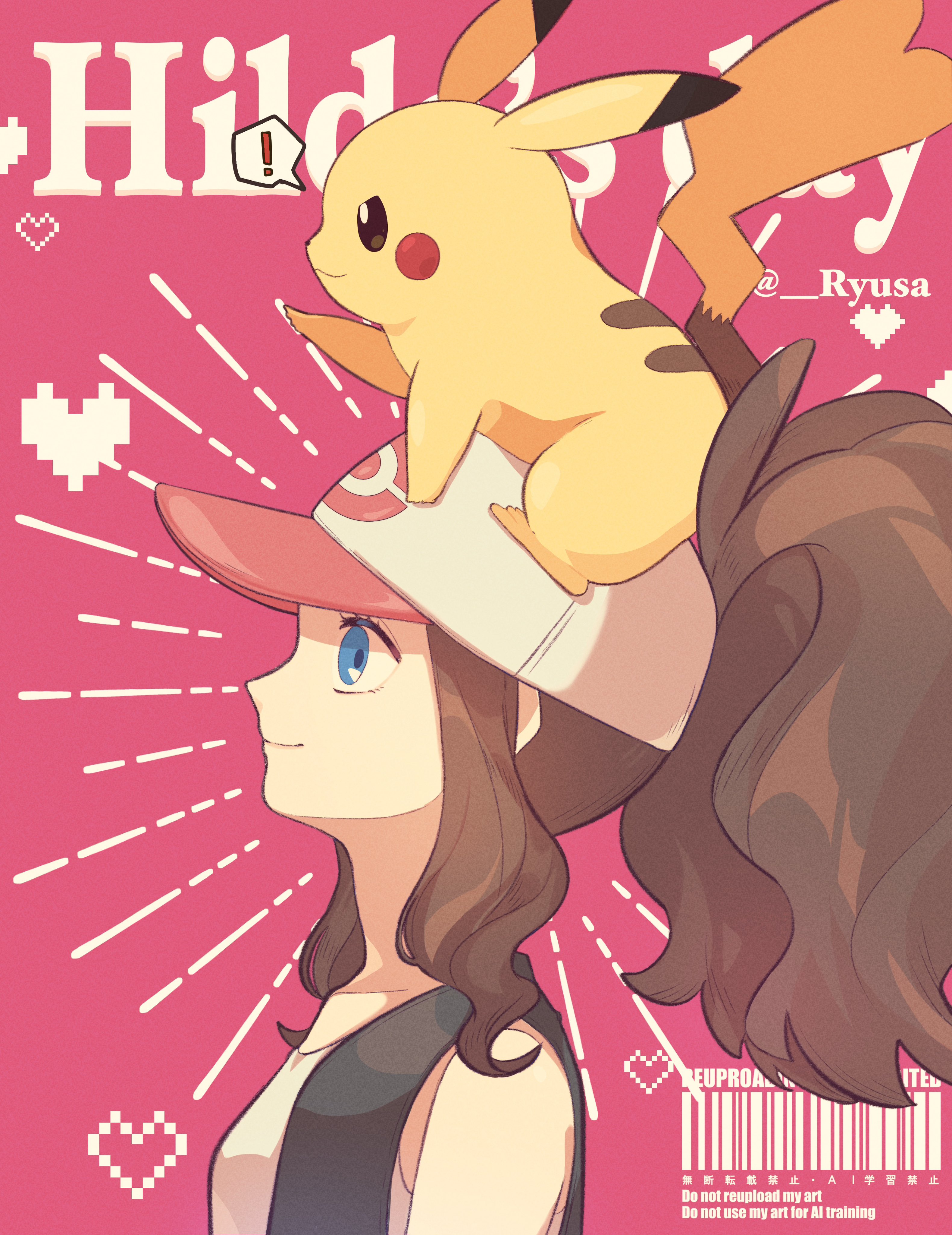 ryusa (gjgd7445), hilda (pokemon), pikachu, nintendo, pokemon, pokemon bw, absurdres, highres, !, 1girl, baseball cap, black vest, blue eyes, breasts, brown hair, closed mouth, gen 1 pokemon, hat, heart, high ponytail, long hair, on head, open clothes, open vest, pokemon (creature), pokemon on head, ponytail, shirt, sidelocks, smile, speech bubble, upper body, vest, white shirt