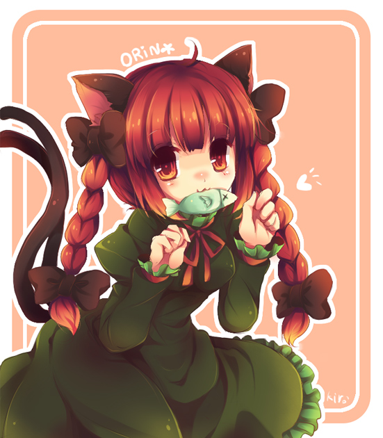 kirero, kaenbyou rin, touhou, 1girl, :3, animal ears, bow, braid, cat ears, cat tail, dress, female focus, fish, green dress, mouth hold, multiple tails, red eyes, red hair, solo, tail, twin braids