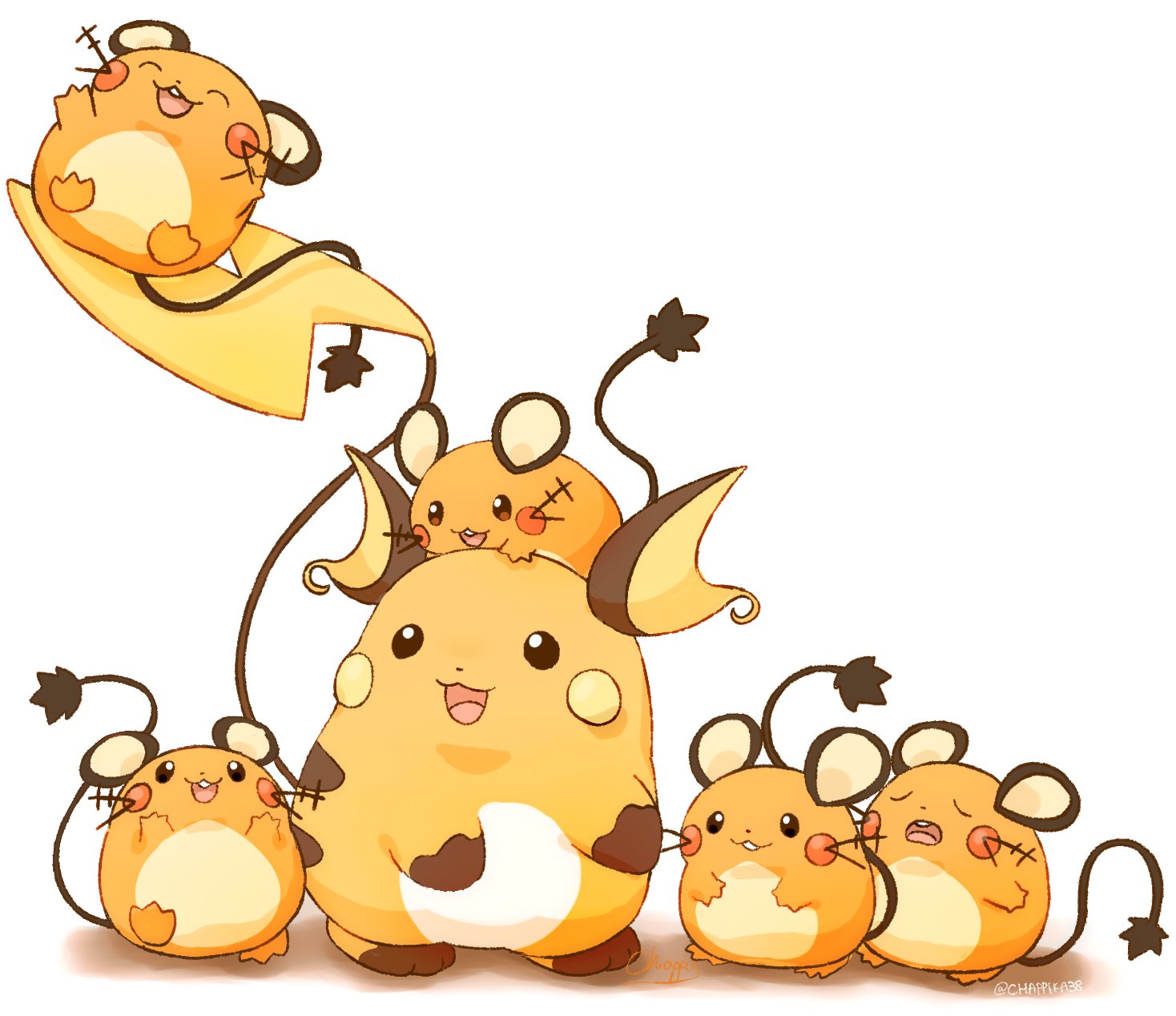mimix, dedenne, raichu, nintendo, pokemon, highres, animal focus, closed eyes, closed mouth, full body, gen 1 pokemon, gen 6 pokemon, no humans, open mouth, pokemon (creature), pokemon focus, smile, tail, yellow fur