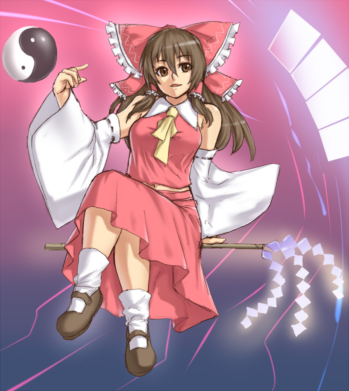 houtengeki, hakurei reimu, touhou, 1girl, bow, breasts, brown eyes, brown hair, detached sleeves, female focus, full body, gohei, gradient background, hair bow, hair ribbon, japanese clothes, mary janes, midriff, miko, navel, ofuda, oonusa, ribbon, shoes, skirt, solo, yin yang
