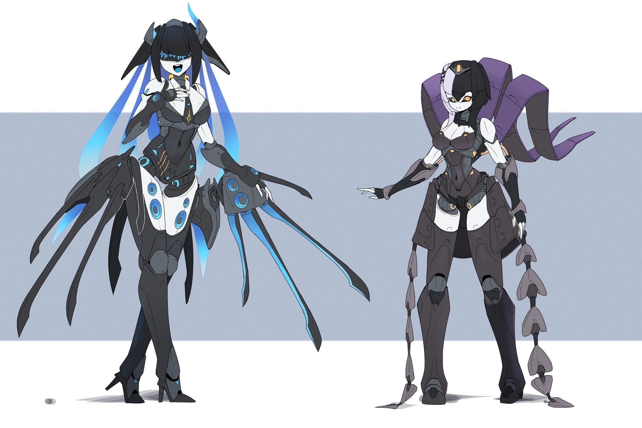 deevious deevi, nerissa ravencroft, nerissa ravencroft (1st costume), shiori novella, hololive, hololive english, highres, 2girls, android, asymmetrical horns, asymmetrical wings, bare shoulders, black arm warmers, black choker, black dress, black hair, black nails, blue eyes, blue hair, blush, breasts, chest belt, choker, cleavage, clothing cutout, colored inner hair, crystal horns, demon horns, dress, feather-trimmed jacket, flower, full body, gloves, grey hair, hair ornament, horn flower, horns, humanoid robot, joints, lace, lace-trimmed choker, lace choker, lace trim, large breasts, long hair, looking at viewer, mechanical hair, metal hair, metal skin, mismatched wings, mole, mole under eye, multicolored hair, multiple girls, ribbed shirt, robot, robot girl, robot joints, shirt, shoulder cutout, smile, split-color hair, streaked hair, striped arm warmers, tassel, tassel hair ornament, thighhighs, two-tone hair, uneven horns, very long hair, virtual youtuber, wings, yellow eyes