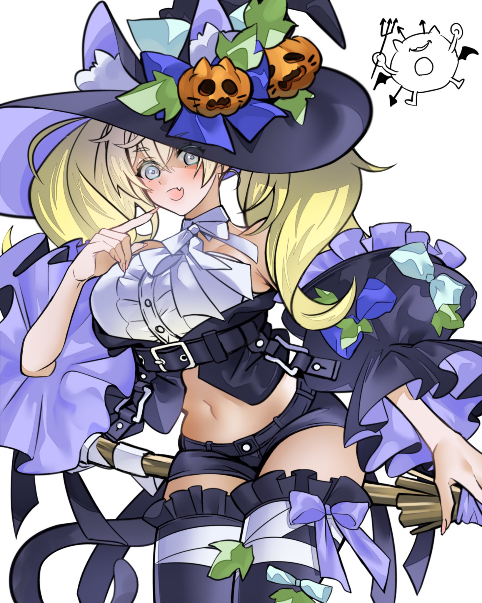 anno88888, enemy lifebuoy (kancolle), gambier bay (halloween) (kancolle), gambier bay (kancolle), gambier bay mk ii (kancolle), kantai collection, highres, 1girl, abyssal ship, animal ear fluff, animal ears, bandages, black ribbon, black shorts, black thighhighs, blonde hair, blue eyes, blue ribbon, breasts, cat ears, cat tail, cowboy shot, dress shirt, frilled jacket, frilled shirt, frilled thighhighs, frills, halloween costume, hat, jack-o'-lantern, jack-o'-lantern hat ornament, jacket, long hair, navel, ribbon, shirt, short shorts, shorts, solo, tail, thighhighs, twintails, white shirt, witch hat