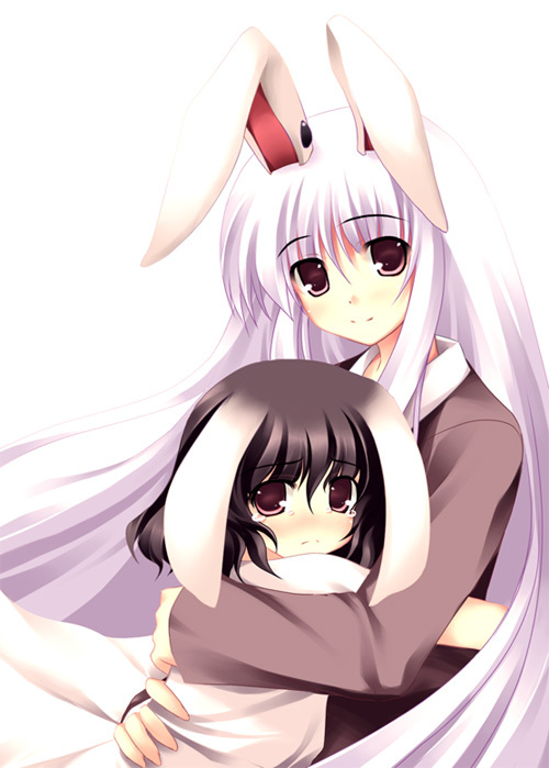 tateha (marvelous grace), inaba tewi, reisen udongein inaba, touhou, light purple hair, 2girls, animal ears, blazer, brown hair, female focus, frown, hug, jacket, long hair, multiple girls, purple eyes, rabbit ears, simple background, tears, white background
