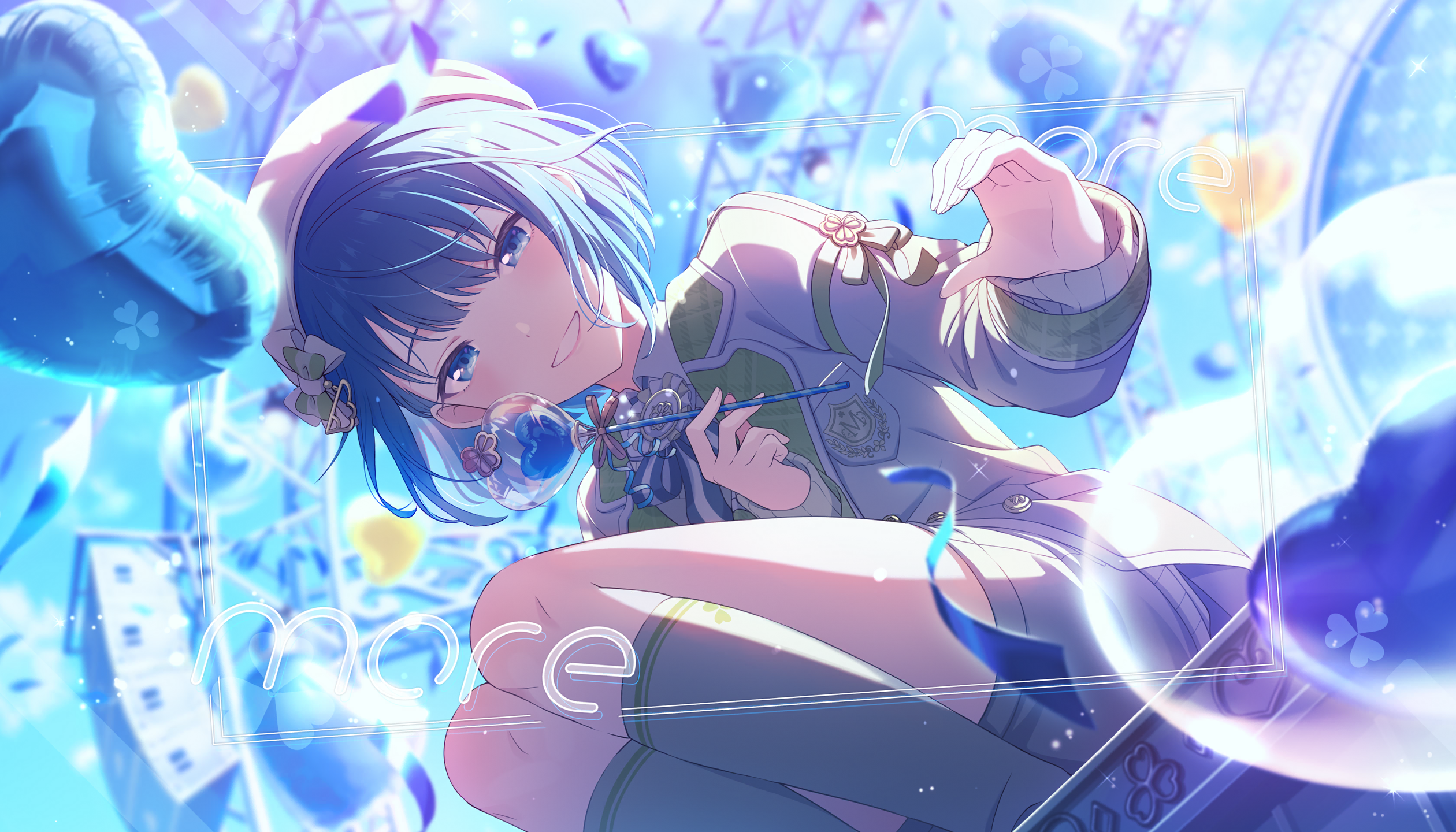 colorful palette, kiritani haruka, project sekai, game cg, highres, official art, third-party source, 1girl, balloon, beret, blue eyes, blue hair, blue ribbon, blue theme, blurry, blurry background, collared shirt, dutch angle, english text, grin, hat, heart balloon, holding, itsuka hanasaku stage e (project sekai), jacket, looking at viewer, official alternate costume, ribbon, shirt, sitting, smile, socks, solo, teeth, white hat, white jacket, white shirt, white socks