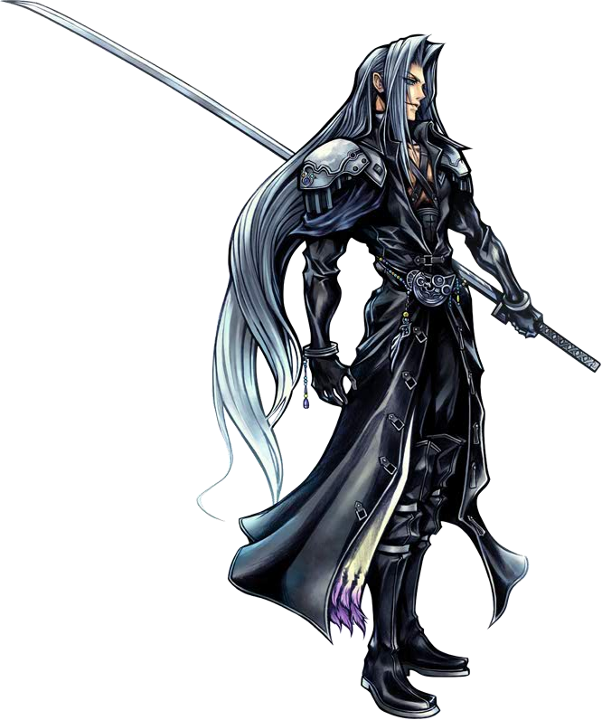 nomura tetsuya, sephiroth, dissidia final fantasy, final fantasy, final fantasy vii, official art, 1990s (style), 1boy, full body, long hair, male focus, solo, standing, sword, transparent background, very long hair, weapon