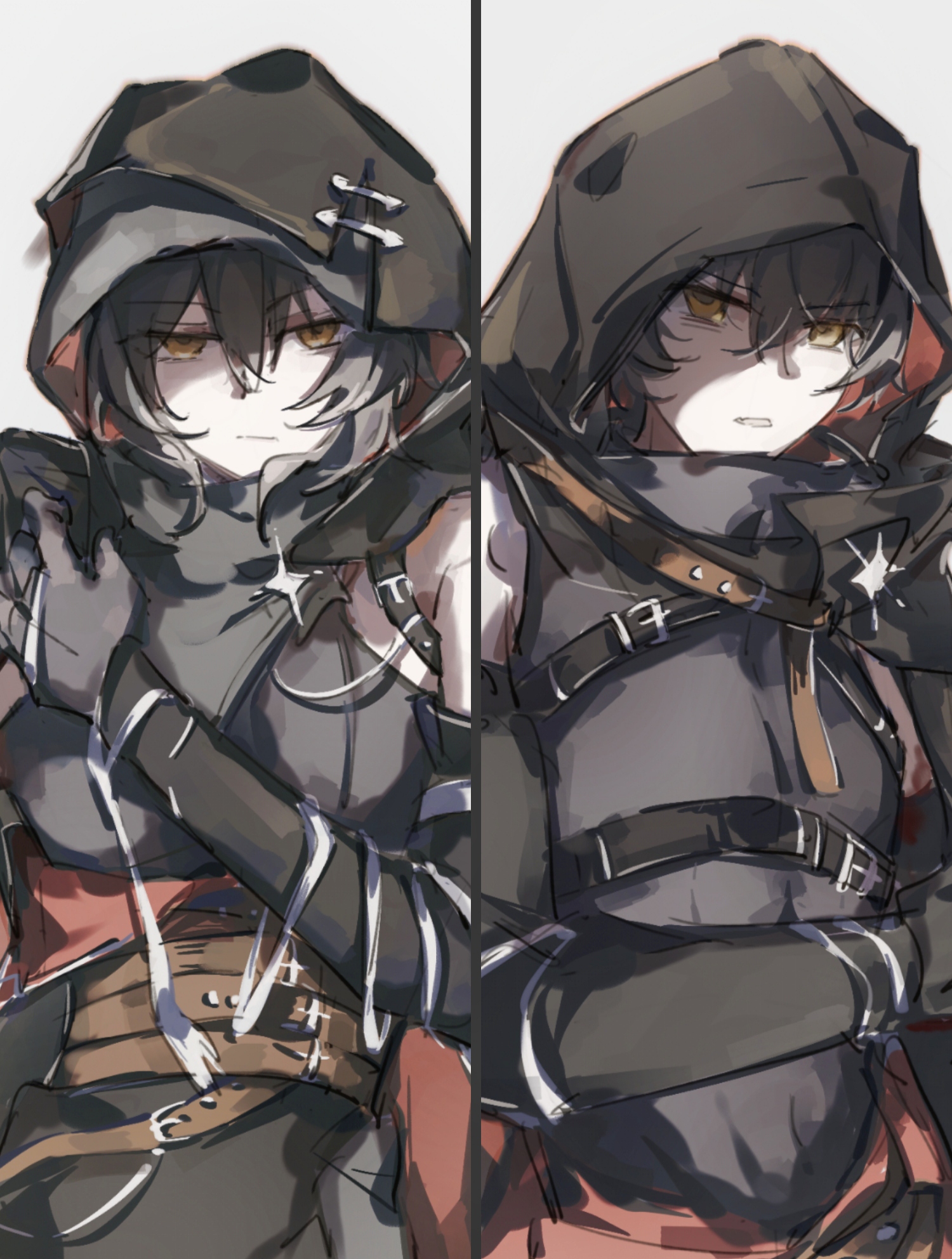 female rover (wuthering waves), male rover (wuthering waves), rover (wuthering waves), wuthering waves, chinese commentary, commentary request, highres, 1boy, 1girl, belt, black belt, black cloak, black dress, black hair, black shirt, breasts, brown belt, cloak, closed mouth, dress, dual persona, hair between eyes, hood, hood up, hooded cloak, looking at viewer, medium breasts, mijiu163, parted lips, shirt, upper body, yellow eyes
