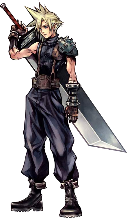 nomura tetsuya, cloud strife, dissidia final fantasy, final fantasy, final fantasy vii, official art, 1990s (style), 1boy, blonde hair, full body, male focus, solo, spiked hair, standing, transparent background