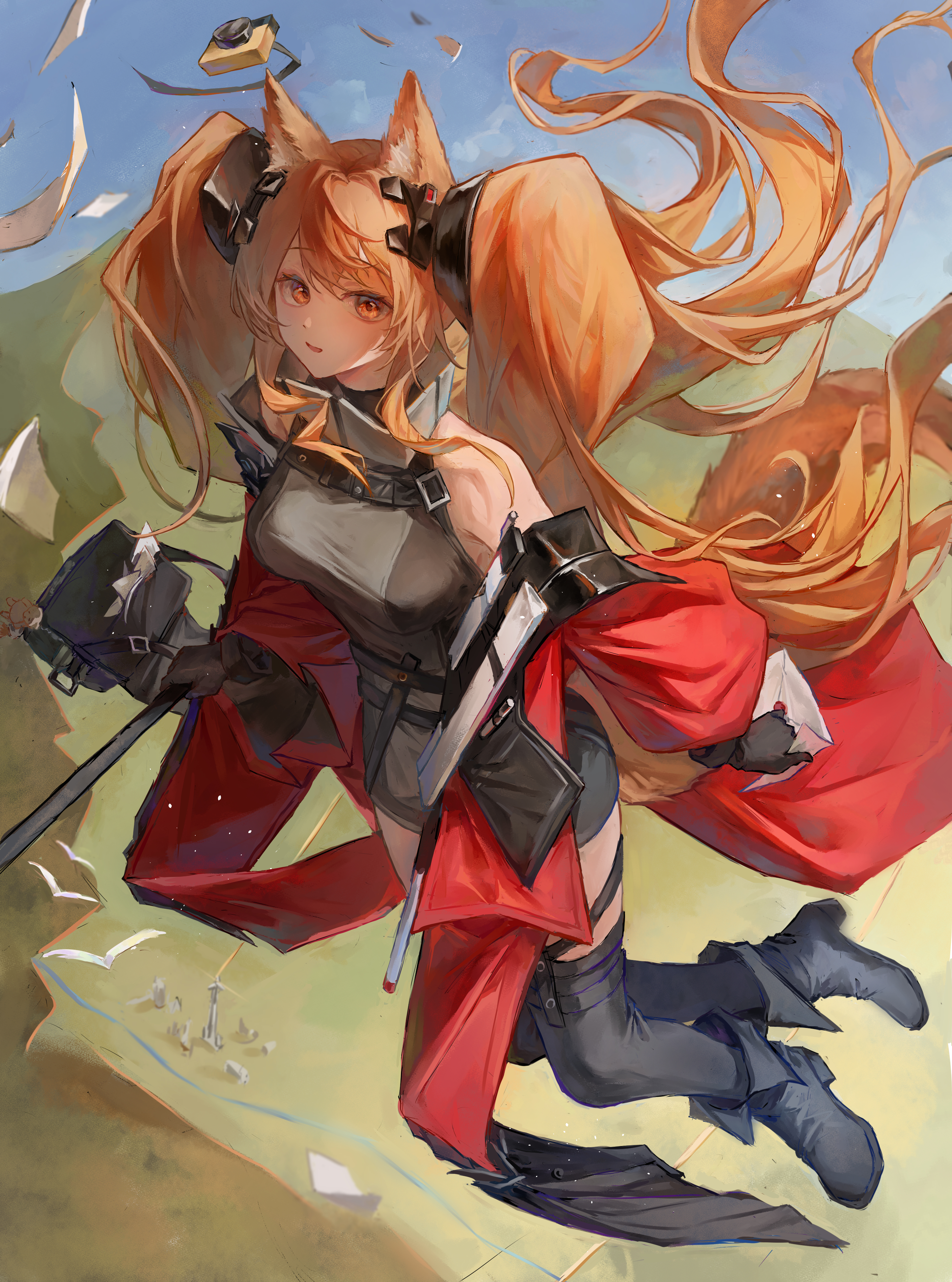 mumu millhayes, angelina (arknights), gilberta (arknights), arknights, absurdres, highres, 1girl, animal ear fluff, animal ears, bare shoulders, black boots, black dress, black thighhighs, blush, boots, dress, jacket, long hair, looking at viewer, open clothes, open jacket, open mouth, orange eyes, orange hair, red jacket, sidelocks, sleeveless, sleeveless dress, solo, tail, thighhighs, twintails