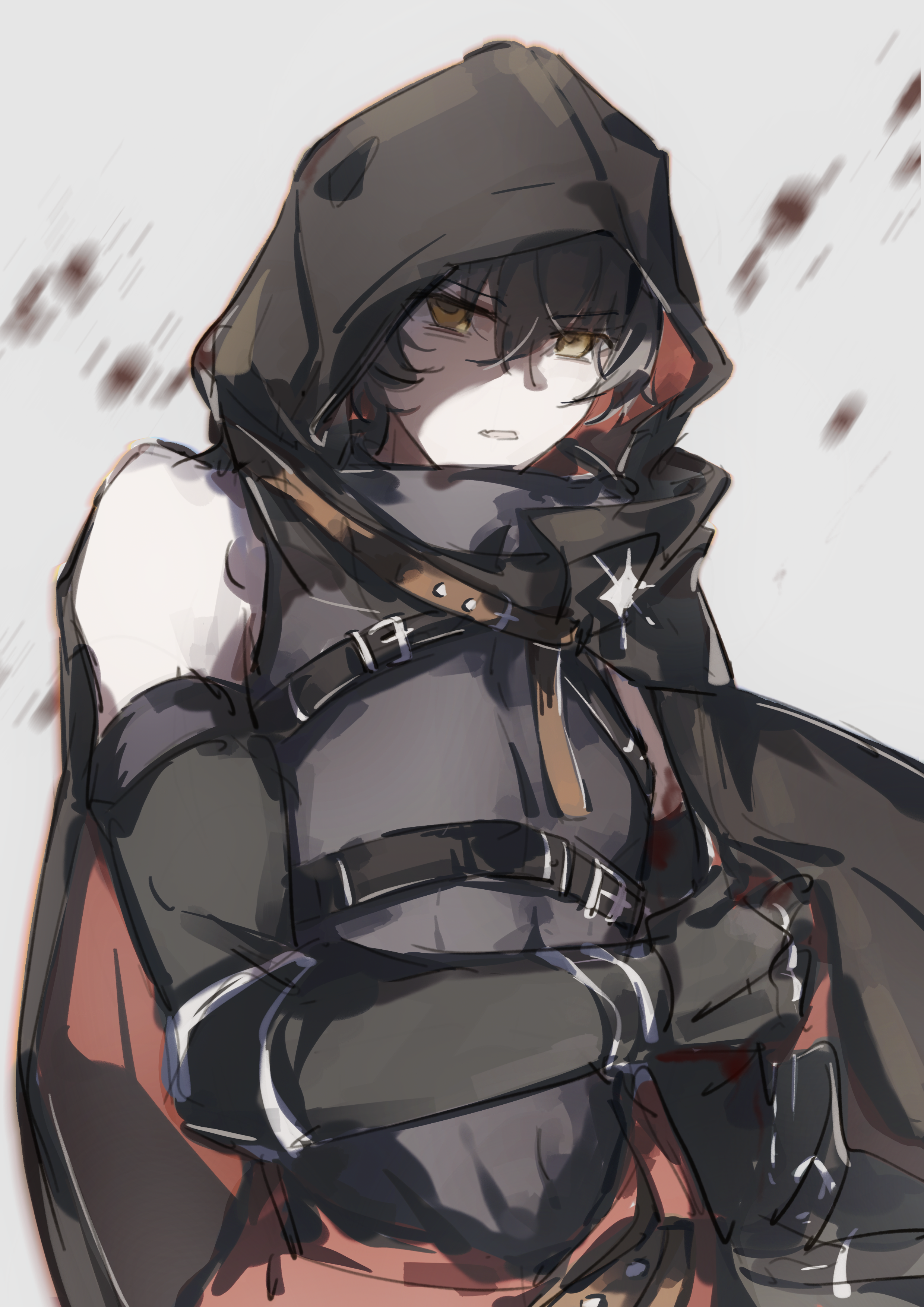 male rover (wuthering waves), rover (wuthering waves), wuthering waves, absurdres, chinese commentary, commentary request, highres, 1boy, belt, black belt, black cloak, black gloves, black shirt, chest belt, cloak, elbow gloves, gloves, hair between eyes, hood, hood up, hooded cloak, looking at viewer, male focus, mijiu163, parted lips, shirt, single bare shoulder, solo, upper body, yellow eyes