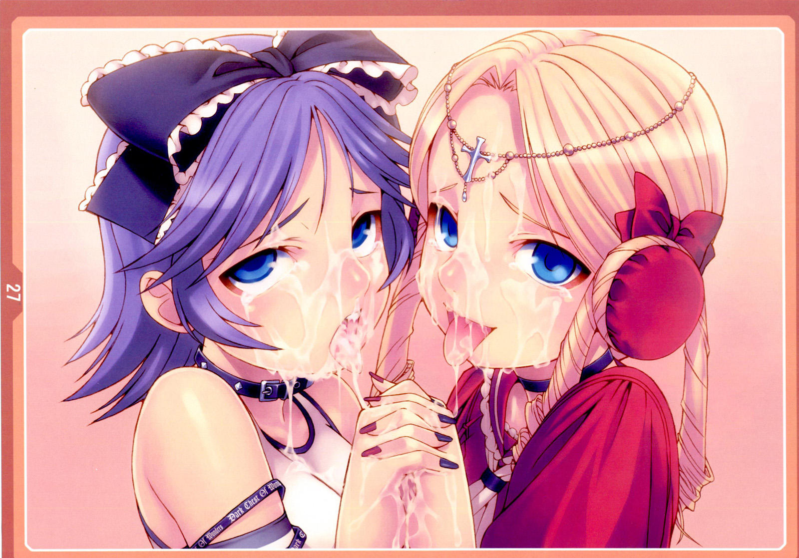 tasaka shinnosuke, latune subbota, shine hausen, banpresto, super robot wars, highres, 2girls, blonde hair, blue eyes, blue hair, bow, breasts, collar, cross, cum, cum on body, cum on breasts, cum on upper body, facial, multiple girls, nail polish, rolling eyes, saliva, short hair, slave, tongue