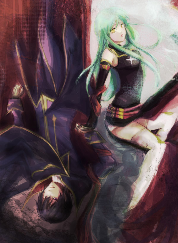 chan fiona chor-kay, miyukiko, c.c., lelouch vi britannia, code geass, 00s, 1boy, 1girl, black hair, cape, green hair, side slit, thighhighs