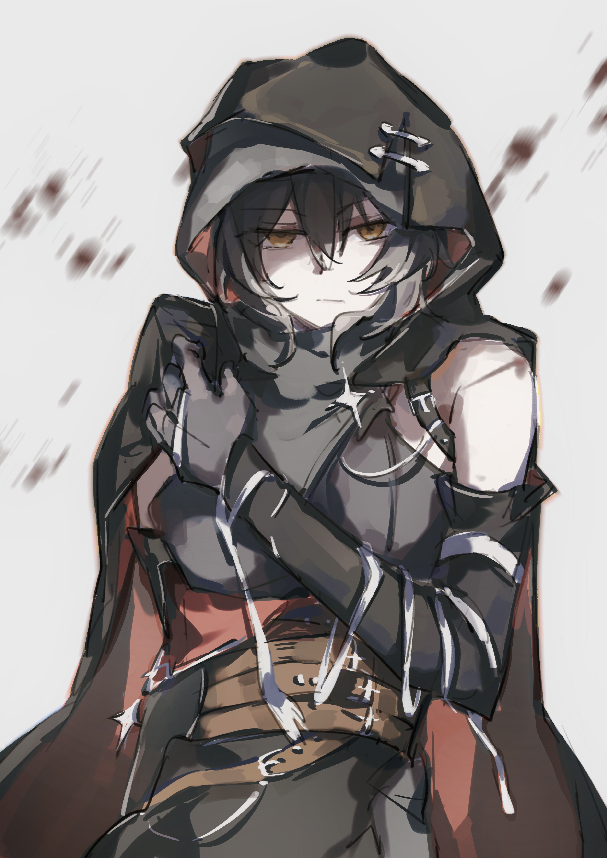 female rover (wuthering waves), rover (wuthering waves), wuthering waves, absurdres, chinese commentary, commentary request, highres, 1girl, belt, black cloak, black dress, black gloves, breasts, brown belt, cloak, closed mouth, dress, elbow gloves, gloves, hair between eyes, hand up, hood, hood up, hooded cloak, looking at viewer, medium breasts, mijiu163, single bare shoulder, solo, upper body, yellow eyes