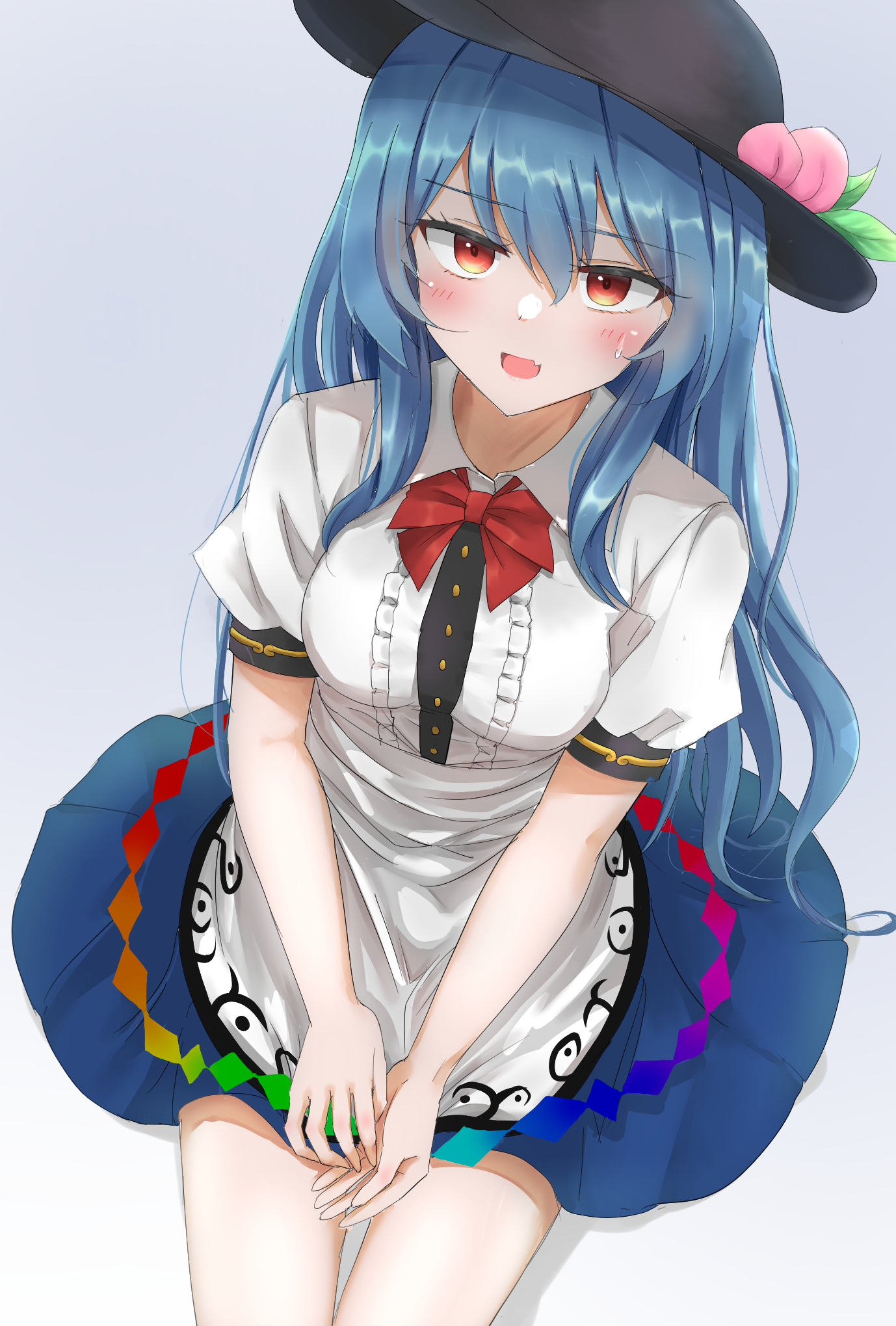 yuki (snowmaiden), hinanawi tenshi, touhou, commentary request, highres, 1girl, black hat, blue skirt, blush, bow, bowtie, breasts, hat, looking at viewer, open mouth, puffy short sleeves, puffy sleeves, red bow, red bowtie, red eyes, shirt, short sleeves, simple background, sitting, skirt, solo, white background, white shirt