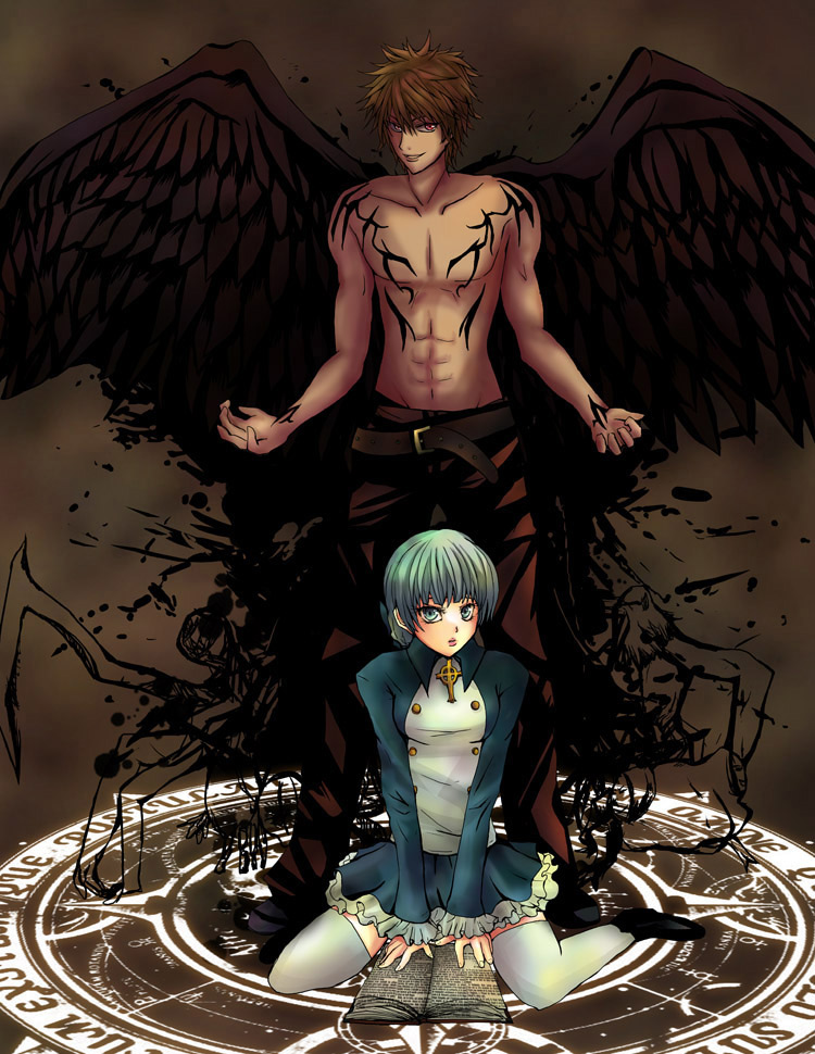 chan fiona chor-kay, miyukiko, alice elliot, yuri hyuga, shadow hearts, 1boy, 1girl, abs, angel wings, belt, belt buckle, black wings, blue dress, blue eyes, book, breasts, brown hair, buckle, closed mouth, collarbone, cross, dress, facing viewer, frilled dress, frills, grin, hair between eyes, happy, kneeling, long sleeves, looking at viewer, magic circle, medium breasts, multicolored dress, muscular, on ground, open book, pants, parted lips, pectorals, red eyes, shoes, short hair, sitting, skirt, smile, standing, tattoo, teeth, thighhighs, topless female, wariza, white dress, white hair, white thighhighs, wings