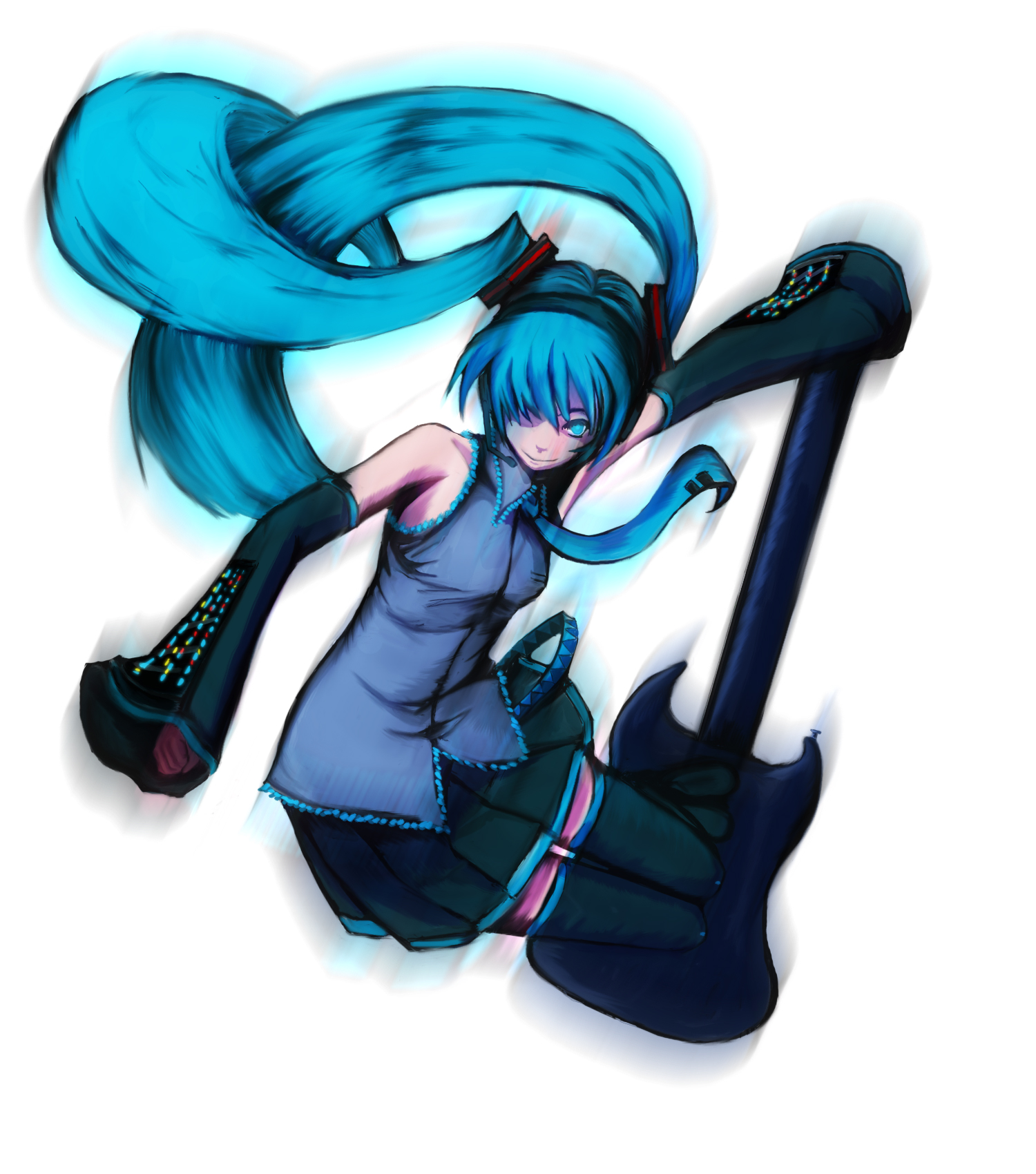 oborobo, okuma, hatsune miku, vocaloid, highres, 1girl, aqua eyes, aqua hair, detached sleeves, female focus, guitar, headset, instrument, long hair, necktie, skirt, solo, thighhighs, twintails