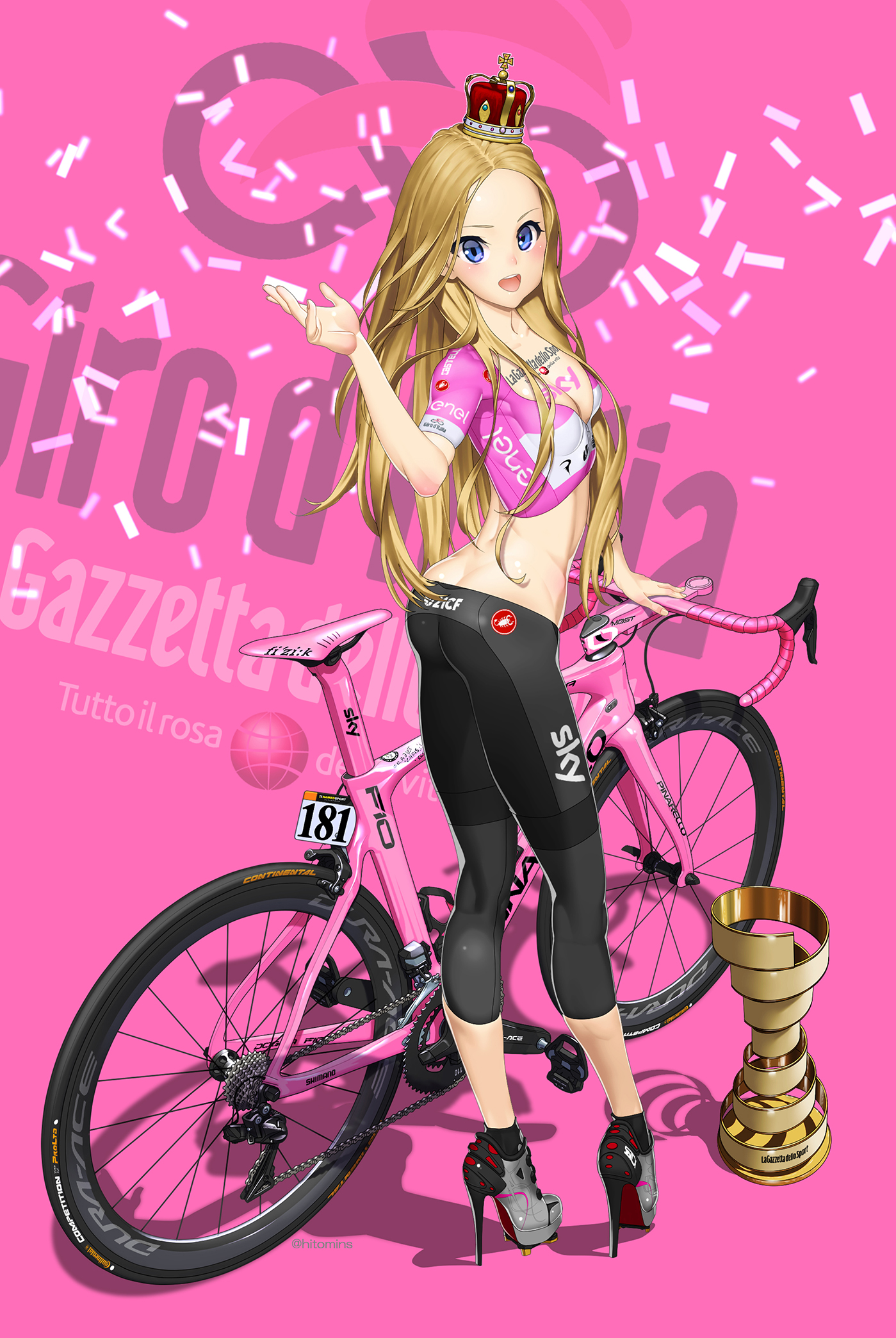 hitomi kazuya, tagme, 1girl, ass, bicycle, blonde hair, butt crack, crown, lowleg, lowleg pants, pants, smile