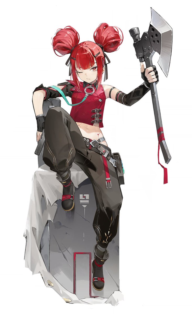 cz75 (girls' frontline), faye (girls' frontline 2), girls' frontline, girls' frontline 2: exilium, artist request, official art, tagme, 1girl, axe, one eye closed, red eyes, red hair, wink