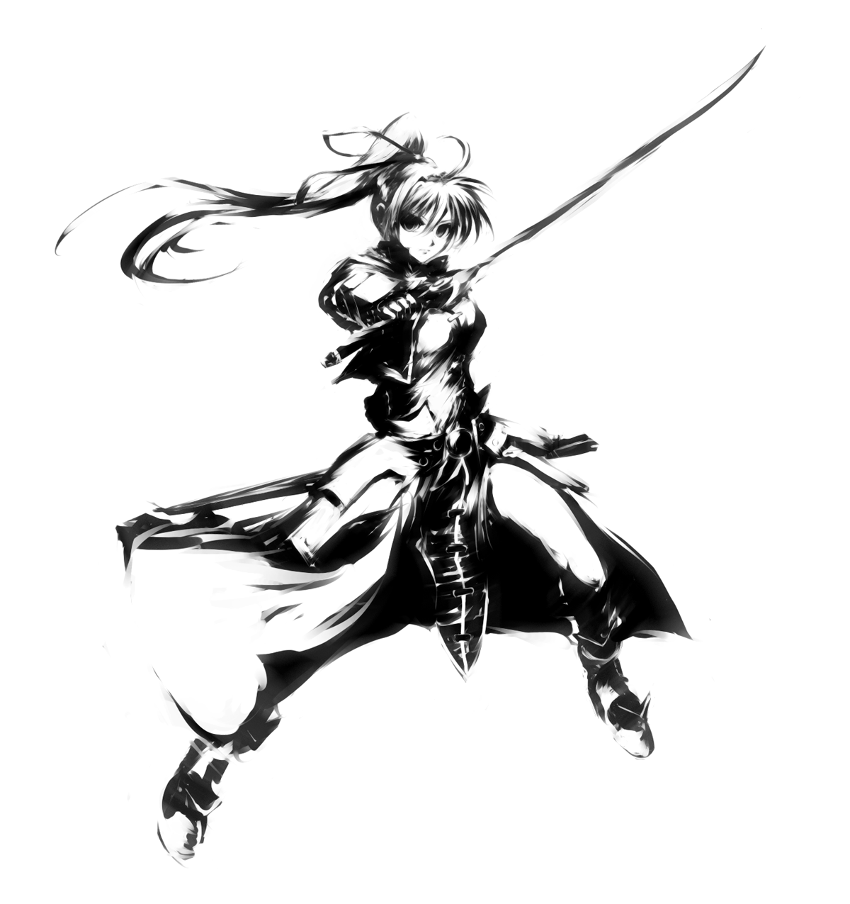 mohomen, laevatein (nanoha), signum, lyrical nanoha, mahou shoujo lyrical nanoha, mahou shoujo lyrical nanoha strikers, highres, 00s, 1girl, female focus, full body, greyscale, high contrast, holding, holding sword, holding weapon, legs apart, monochrome, ponytail, solo, standing, sword, weapon, whip sword