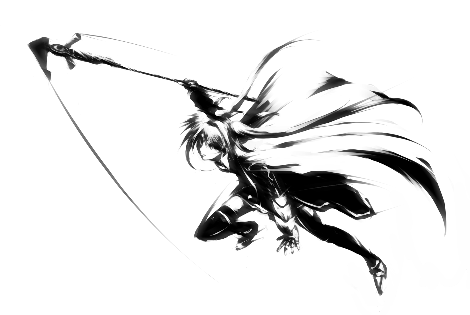 mohomen, bardiche (haken form) (nanoha), bardiche (nanoha), fate testarossa, fate testarossa (impulse form), lyrical nanoha, mahou shoujo lyrical nanoha, mahou shoujo lyrical nanoha strikers, highres, 00s, 1girl, cape, energy blade, female focus, full body, greyscale, high contrast, monochrome, scythe, solo, thighhighs