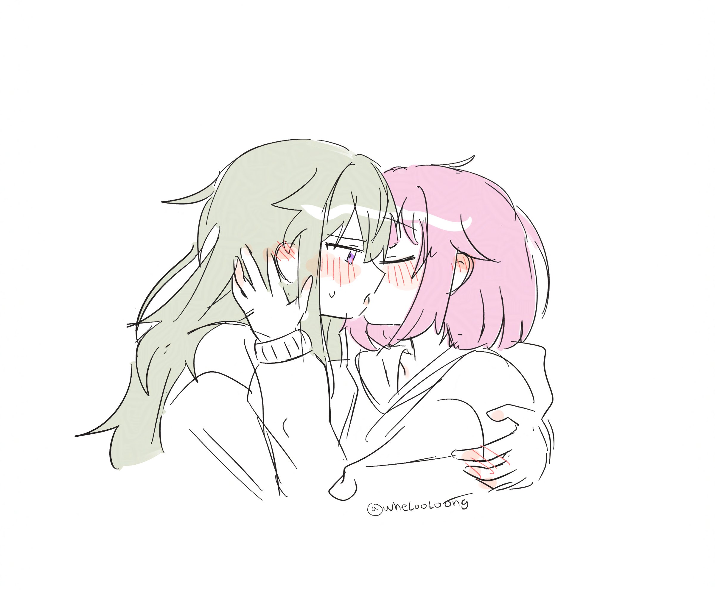 wheloo3rd, kusanagi nene, ootori emu, project sekai, highres, 2girls, blush, ear blush, french kiss, green hair, hand on another's neck, hood, hoodie, kiss, long hair, long sleeves, multiple girls, pink hair, purple eyes, twitter username, yuri
