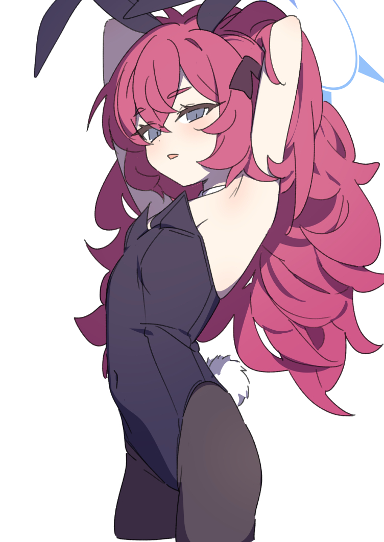 supershiruco, iroha (blue archive), blue archive, fluffy hair, 1girl, animal ears, armpits, black pantyhose, blue eyes, flat chest, hair between eyes, long hair, messy hair, pantyhose, petite, playboy bunny, purple hair, rabbit ears, rabbit tail, simple background, tail, white background
