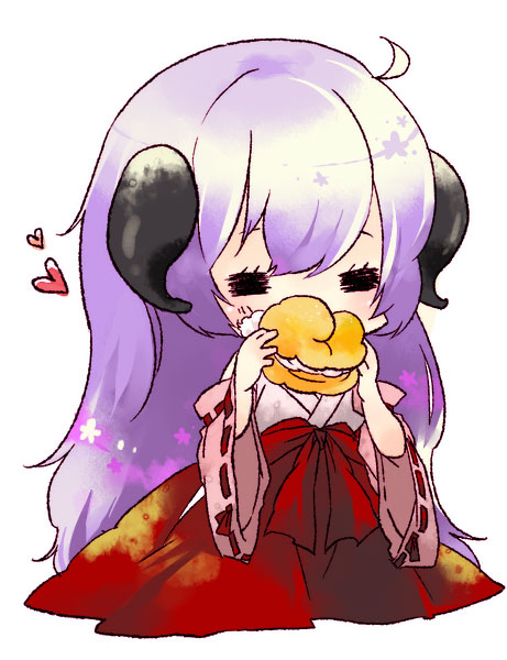 misaki kozue, hanyuu, higurashi no naku koro ni, bad id, bad pixiv id, 00s, 1girl, chibi, cream puff, eating, female focus, food, hakama, hakama skirt, heart, horns, japanese clothes, red hakama, simple background, skirt, solo, white background