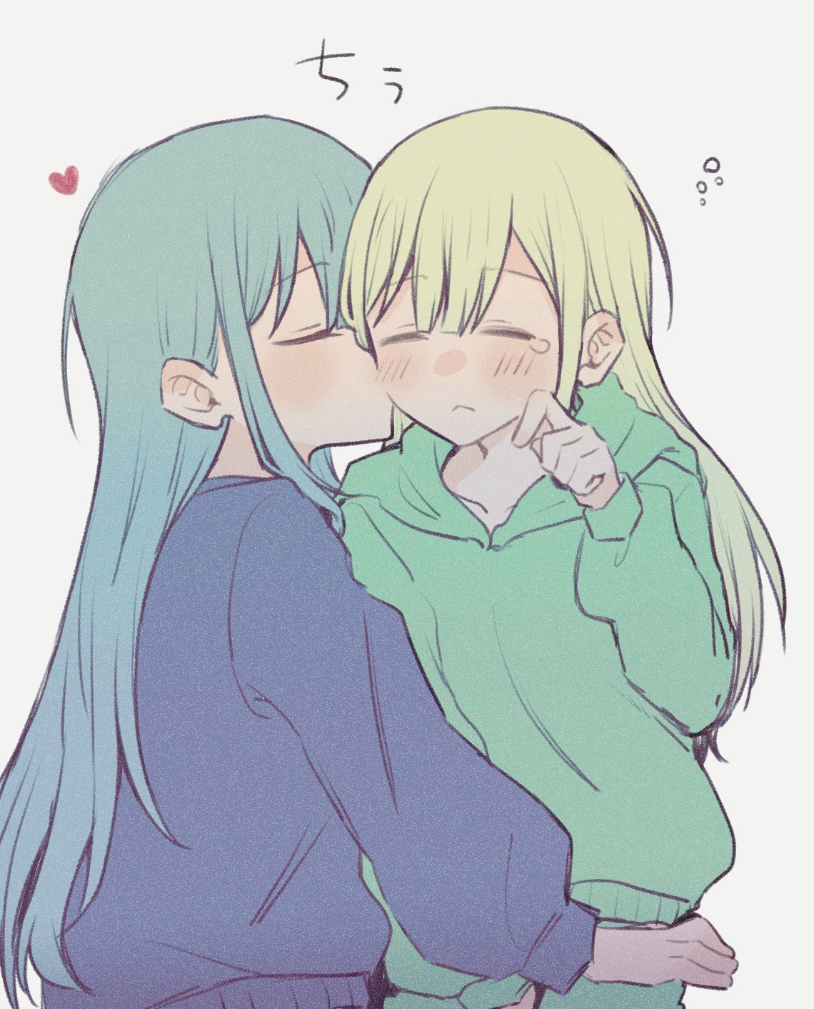nago (hasakimati), togawa sakiko, wakaba mutsumi, bang dream!, bang dream! it's mygo!!!!!, commentary request, highres, translated, 2girls, blue hair, blue sweater, closed eyes, closed mouth, green hair, green hoodie, hand on another's waist, heart, hood, hoodie, kiss, kissing cheek, long hair, long sleeves, multiple girls, simple background, sweater, tears, white background, yuri