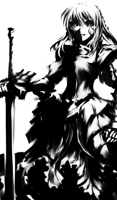 mohomen, artoria pendragon (fate), saber (fate), saber alter, saber alter (second ascension), fate/stay night, fate (series), 00s, 1girl, armor, armored dress, dress, female focus, greyscale, high contrast, monochrome, solo, sword, weapon
