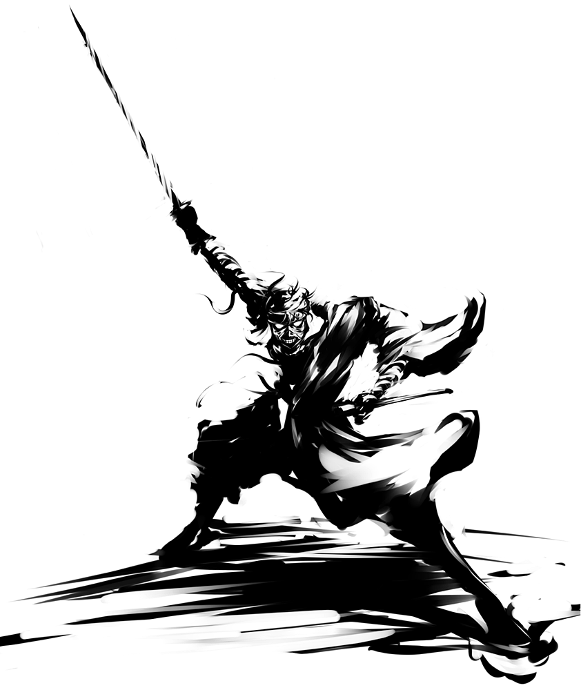 mohomen, shishio makoto, rurouni kenshin, 1boy, action, bandages, creepy, full body, greyscale, high contrast, holding, holding sword, holding weapon, katana, male focus, monochrome, samurai, solo, sword, weapon