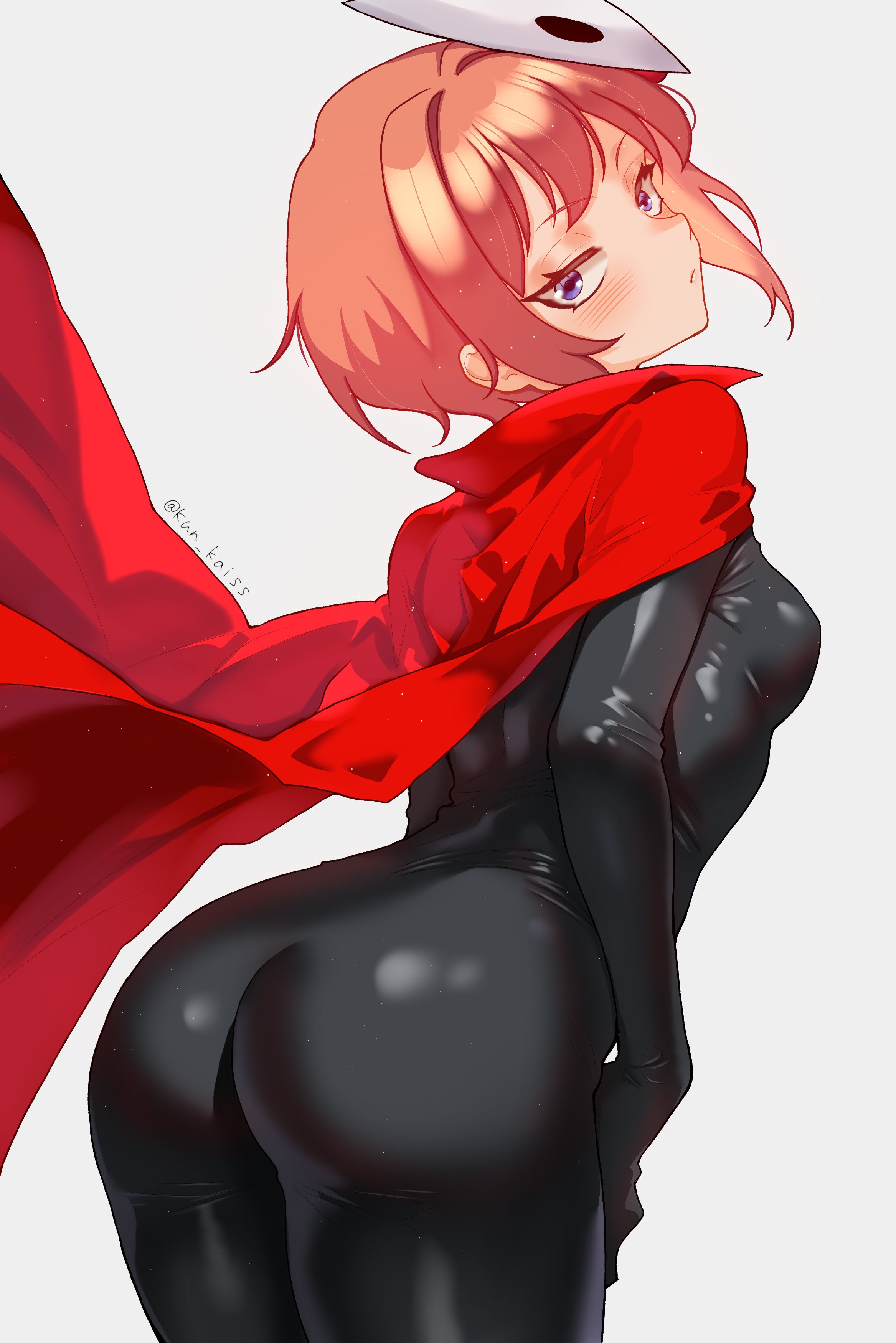 kun kaiss, hornet (hollow knight), sayori (doki doki literature club), doki doki literature club, hollow knight, hollow knight: silksong, absurdres, commentary, highres, 1girl, ass, black bodysuit, bodysuit, cloak, cosplay, horned mask, hornet (hollow knight) (cosplay), latex, latex bodysuit, looking at viewer, mask, mask on head, red cloak, short hair, simple background, solo, white background