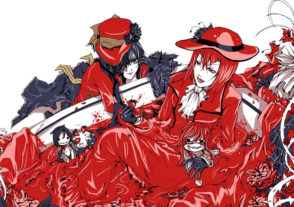 miyukiko, angelina durless, ciel phantomhive, grell sutcliff, madam red, sebastian michaelis, kuroshitsuji, red headwear, 00s, 1boy, 1girl, ascot, bathtub, black eyes, black flower, black gloves, black hair, black rose, blood, cake, doll, dress, flower, food, formal clothes, fruit, gloves, hat, lipstick, makeup, pastry, red dress, red eyes, red hair, red lips, red theme, rose, short hair, strawberry